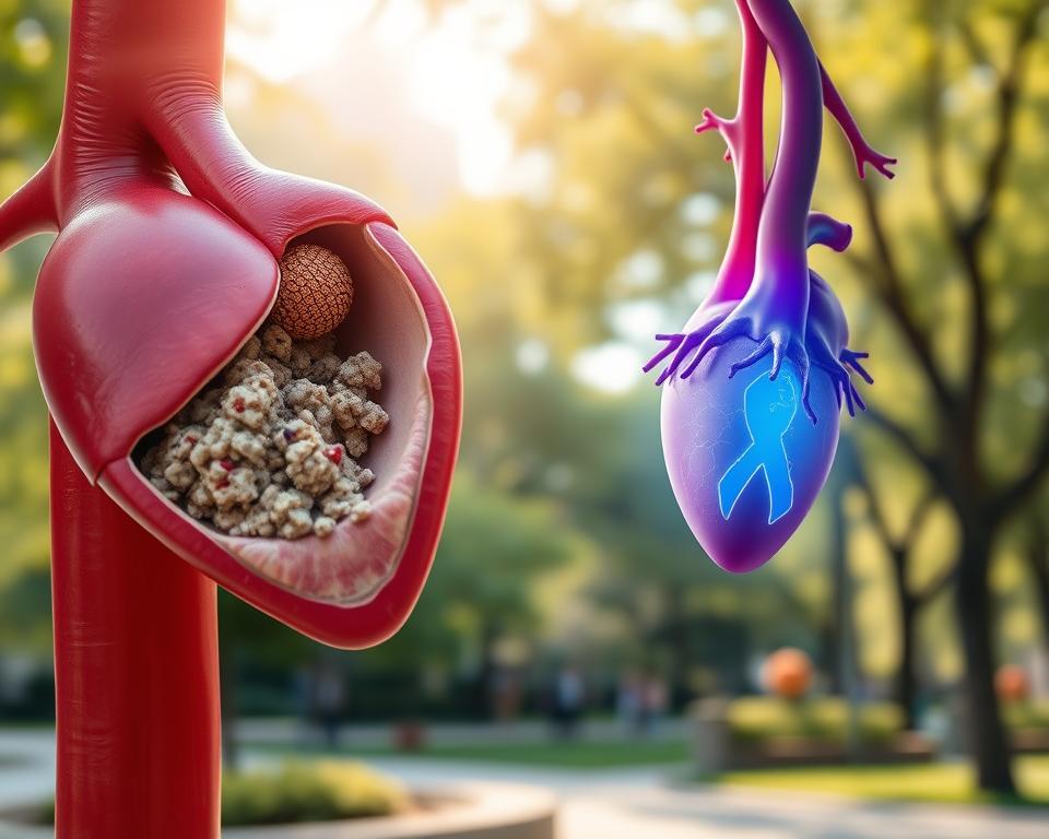 A visually engaging illustration of heart disease, showcasing a detailed cross-section of a human artery in the foreground, with unhealthy deposits of cholesterol and plaque visibly clogging the vessel. In the middle ground, a vibrant, healthy artery is depicted to contrast against the diseased one, conveying a sense of clarity and hope. The background features a softly blurred city park setting, symbolizing a lifestyle environment where healthy choices are made. Natural sunlight filters through the trees, casting a warm glow, enhancing the optimistic mood. Capture the scene with a close-up angle to emphasize the arteries' structure, using a shallow depth of field for a professional, educational feel. The overall atmosphere should resonate with the theme of prevention and awareness.