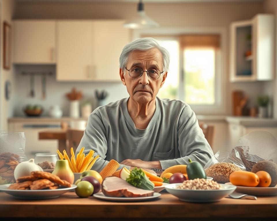 A visually striking illustration depicting chronic inflammation as a person encounters its effects after 50. In the foreground, a thoughtful elderly individual, dressed in modest casual clothing, sits at a dining table surrounded by inflammation-triggering foods like sugary snacks, processed meats, and fried dishes. Their expression conveys concern and awareness. In the middle ground, a greyish aura subtly envelops these foods, symbolizing inflammation, while healthy choices like fruits, vegetables, and whole grains contrast brightly nearby. In the background, a soft-focused, warm-lit kitchen suggests home, with light streaming through a window, creating an inviting yet contemplative atmosphere. The composition should evoke a sense of urgency and reflection, emphasizing the importance of dietary choices in managing chronic inflammation. A visually striking illustration depicting chronic inflammation as a person encounters its effects after 50. In the foreground, a thoughtful elderly individual, dressed in modest casual clothing, sits at a dining table surrounded by inflammation-triggering foods like sugary snacks, processed meats, and fried dishes. Their expression conveys concern and awareness. In the middle ground, a greyish aura subtly envelops these foods, symbolizing inflammation, while healthy choices like fruits, vegetables, and whole grains contrast brightly nearby. In the background, a soft-focused, warm-lit kitchen suggests home, with light streaming through a window, creating an inviting yet contemplative atmosphere. The composition should evoke a sense of urgency and reflection, emphasizing the importance of dietary choices in managing chronic inflammation.