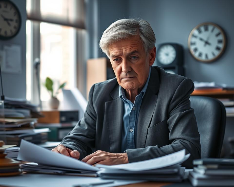 A weary person in their 50s, visibly fatigued, sitting at a cluttered desk surrounded by papers and a dimly lit room, showcasing the burden of chronic fatigue. The individual is dressed in modest business casual attire, with a contemplative expression indicating exhaustion. Soft, natural light filters through a nearby window, casting gentle shadows that enhance the mood of weariness. In the background, a clock ticks, subtly reminding of time's passage. The camera angle is slightly elevated, focusing on the individual while blurring the background to emphasize their fatigue. The color palette is muted, featuring blues and grays, creating an atmosphere of introspection and heaviness, inviting viewers to connect with the experience of feeling overwhelmed and tired after 50. A weary person in their 50s, visibly fatigued, sitting at a cluttered desk surrounded by papers and a dimly lit room, showcasing the burden of chronic fatigue. The individual is dressed in modest business casual attire, with a contemplative expression indicating exhaustion. Soft, natural light filters through a nearby window, casting gentle shadows that enhance the mood of weariness. In the background, a clock ticks, subtly reminding of time's passage. The camera angle is slightly elevated, focusing on the individual while blurring the background to emphasize their fatigue. The color palette is muted, featuring blues and grays, creating an atmosphere of introspection and heaviness, inviting viewers to connect with the experience of feeling overwhelmed and tired after 50.