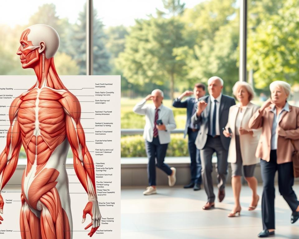 An anatomical illustration showcasing muscle mass changes as individuals age, specifically after the age of fifty. In the foreground, display a detailed chart or diagram of muscles in the human body, highlighting areas where muscle mass typically diminishes. In the middle ground, include a diverse group of older adults, both male and female, dressed in professional business attire, engaging in light physical activities like stretching or walking. The background should depict a serene park or wellness center, symbolizing an active lifestyle. Use soft natural lighting to create an inviting atmosphere, with a focus on clarity and educational insight. Employ a slight angle to enhance depth, ensuring the illustration is informative yet visually appealing, conveying a sense of health and vitality.