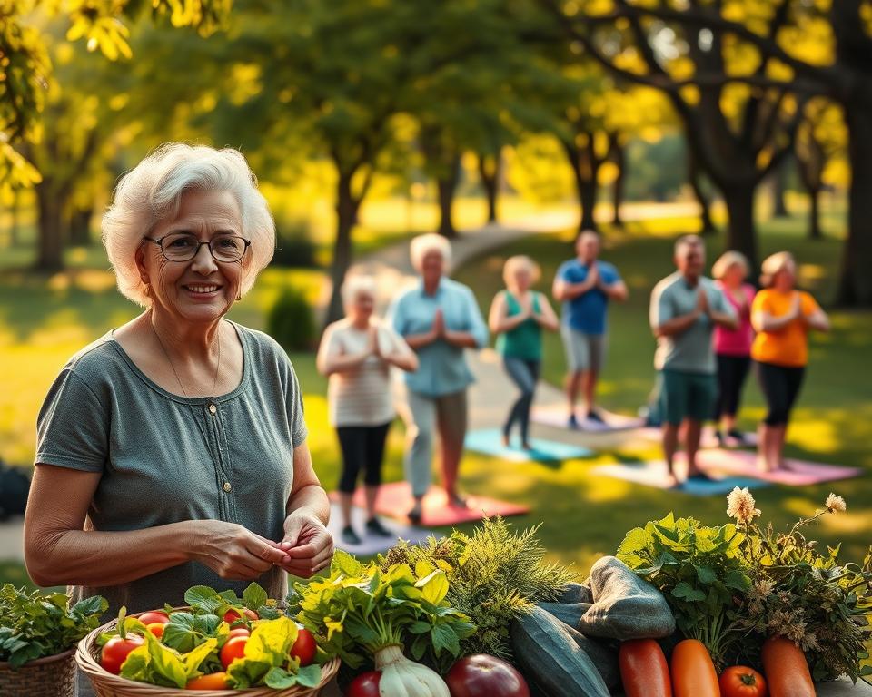 An inspiring scene depicting a diverse group of individuals over 50 engaging in healthy lifestyle habits to symbolize cancer prevention. In the foreground, a cheerful woman in modest casual attire prepares a colorful garden salad, surrounded by fresh vegetables and herbs. Nearby, a group of men and women are practicing gentle yoga under the warm, golden rays of sunlight, set in a peaceful park with lush greenery. In the background, a scenic path winds through trees, suggesting outdoor exercise like walking or biking. The atmosphere is uplifting and vibrant, filled with a sense of community and motivation. Use soft natural lighting to create a welcoming and warm mood, emphasizing the idea of healthy living. Capture the scene from a slightly elevated angle to give a comprehensive view of the activities, promoting a sense of inclusiveness and vitality.