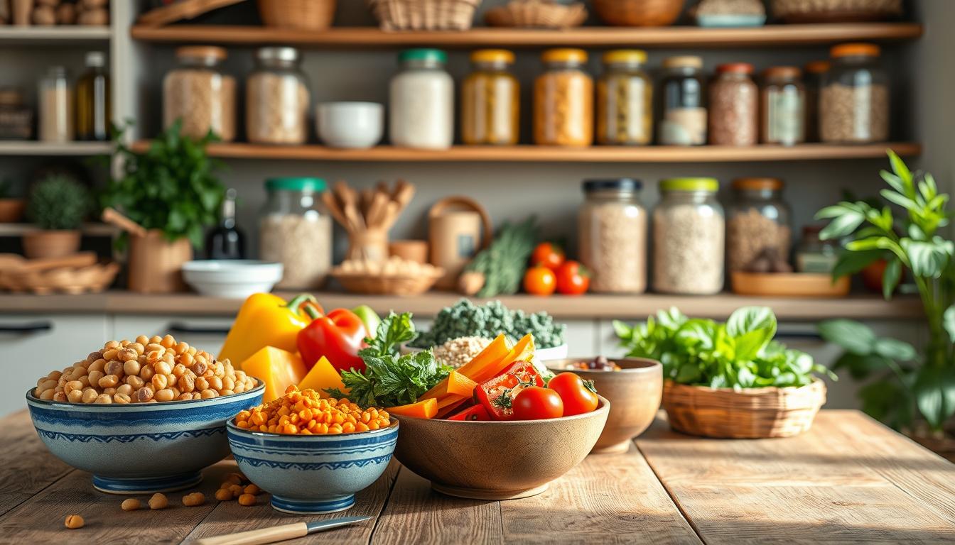 A beautiful, inviting Mediterranean pantry setting, showcasing an array of high-fiber foods that promote satiety. In the foreground, a rustic wooden table holds colorful bowls filled with fresh chickpeas, lentils, and vibrant colorful veggies like bell peppers and tomatoes. The middle ground features well-organized shelves stocked with glass jars of whole grains like quinoa, barley, and brown rice, alongside olive oil and herbs. In the background, soft natural light filters through a window, casting gentle shadows that create a warm, inviting atmosphere. The image should evoke a sense of health and abundance, reflecting the essence of Mediterranean cooking while emphasizing nutritious ingredients that help keep hunger at bay. Get well and stay well, Ray Baker.