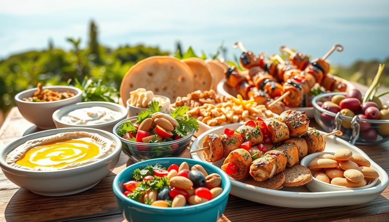 A beautiful spread of high-protein Mediterranean snacks arranged artistically on a rustic wooden table. In the foreground, include vibrant bowls filled with hummus drizzled with olive oil, colorful tabbouleh salad with parsley and pomegranate seeds, and grilled chicken skewers garnished with herbs. In the middle, showcase whole grain pita bread, assorted nuts like almonds and walnuts, and a variety of olives. The background features a sun-drenched Mediterranean sea view, with lush greenery and a clear blue sky. Soft, natural lighting casts gentle shadows and enhances the color vibrancy, creating a fresh and inviting atmosphere. The composition is shot from a slightly elevated angle to capture all elements harmoniously. Get well and stay well, Ray Baker.