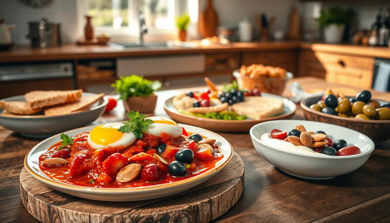 A beautifully arranged Mediterranean breakfast spread on a rustic wooden table, showcasing a variety of colorful dishes. In the foreground, a vibrant plate of shakshuka with poached eggs in a rich tomato sauce, surrounded by fresh herbs. Beside it, a bowl of Greek yogurt topped with sliced almonds and fresh berries. In the middle ground, a platter of whole-grain pita bread, hummus, and assorted olives, creating a tempting contrast. The background features a sunlit kitchen with light streaming in through a window, casting warm, inviting shadows. Capture the scene with a soft-focus effect, emphasizing the freshness and healthiness of the food. The mood is calm and inviting, perfect for busy mornings without the worry of sugar crashes. Get well and stay well, Ray Baker. A beautifully arranged Mediterranean breakfast spread on a rustic wooden table, showcasing a variety of colorful dishes. In the foreground, a vibrant plate of shakshuka with poached eggs in a rich tomato sauce, surrounded by fresh herbs. Beside it, a bowl of Greek yogurt topped with sliced almonds and fresh berries. In the middle ground, a platter of whole-grain pita bread, hummus, and assorted olives, creating a tempting contrast. The background features a sunlit kitchen with light streaming in through a window, casting warm, inviting shadows. Capture the scene with a soft-focus effect, emphasizing the freshness and healthiness of the food. The mood is calm and inviting, perfect for busy mornings without the worry of sugar crashes. Get well and stay well, Ray Baker.