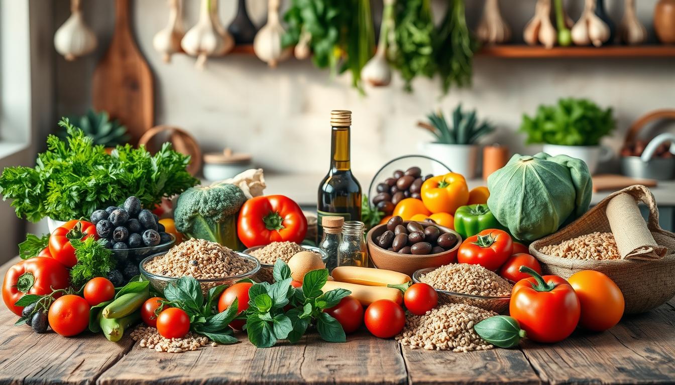 A beautifully arranged Mediterranean diet grocery list displayed on a rustic wooden table. In the foreground, assorted fresh vegetables, including ripe tomatoes, vibrant bell peppers, and leafy greens, alongside whole grains like quinoa and brown rice. In the middle, a collection of healthy fats such as a bottle of extra virgin olive oil, bowls of olives, and a cluster of nuts. In the background, a soft-focus kitchen setting with hanging garlic and herbs, creating a warm, inviting atmosphere. The lighting is soft and natural, reminiscent of sunlight streaming through a window, enhancing the colors of the fresh produce. The composition evokes a sense of simplicity and health, ideal for beginners. Get well and stay well, Ray Baker. A beautifully arranged Mediterranean diet grocery list displayed on a rustic wooden table. In the foreground, assorted fresh vegetables, including ripe tomatoes, vibrant bell peppers, and leafy greens, alongside whole grains like quinoa and brown rice. In the middle, a collection of healthy fats such as a bottle of extra virgin olive oil, bowls of olives, and a cluster of nuts. In the background, a soft-focus kitchen setting with hanging garlic and herbs, creating a warm, inviting atmosphere. The lighting is soft and natural, reminiscent of sunlight streaming through a window, enhancing the colors of the fresh produce. The composition evokes a sense of simplicity and health, ideal for beginners. Get well and stay well, Ray Baker.