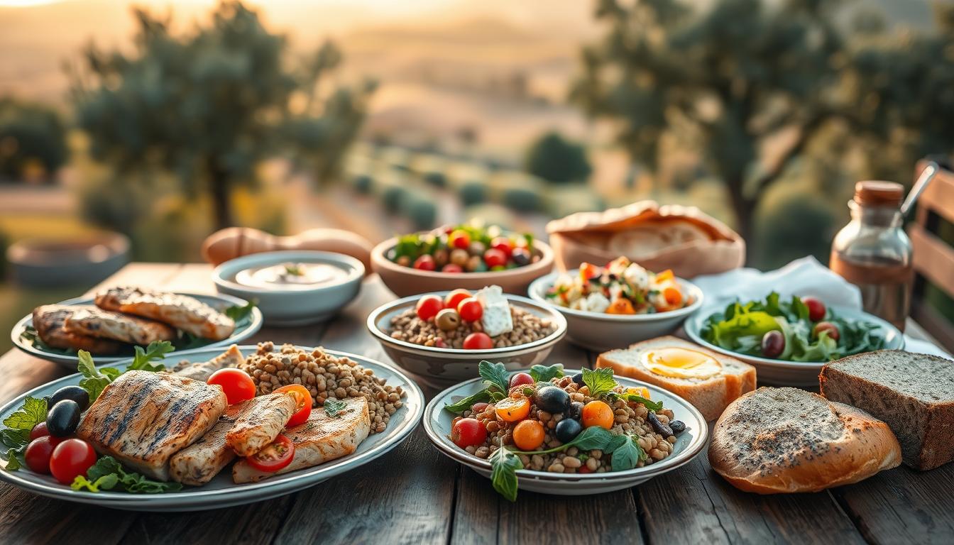 A beautifully arranged Mediterranean diet spread on a rustic wooden table. In the foreground, a variety of vibrant plates display grilled chicken, fresh salmon, and lentil salad, accompanied by olives, cherry tomatoes, and a drizzle of olive oil. The middle ground features a bowl of hummus, a colorful Greek salad with feta, and whole grain bread. In the background, a soft, blurred view of lush olive trees and a serene landscape under a warm golden hour light, enhancing the healthy and inviting atmosphere. Use a shallow depth of field to highlight the food while softly blurring the background. The mood is fresh, wholesome, and uplifting, ideal for promoting a healthy lifestyle. Get well and stay well, Ray Baker.