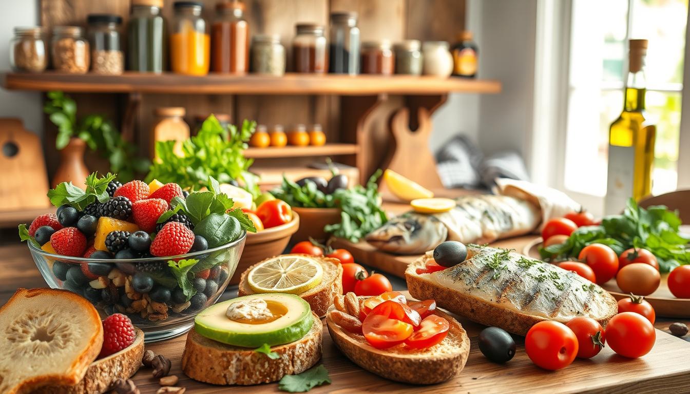 A beautifully arranged Mediterranean diet table showcasing an array of vibrant, fresh foods that promote brain health and energy. In the foreground, a bowl brimming with colorful berries, nuts, and leafy greens; slices of whole-grain bread topped with avocado and olive oil. In the middle ground, a platter of grilled fish drizzled with lemon and herbs, accompanied by a variety of olives and cherry tomatoes. The background features rustic wooden shelves laden with jars of spices and a bottle of extra virgin olive oil, softly lit by natural sunlight filtering through a window, creating a warm, inviting atmosphere. The scene evokes a sense of health and vitality, perfect for illustrating the connection between diet and brain energy. Get well and stay well, Ray Baker. A beautifully arranged Mediterranean diet table showcasing an array of vibrant, fresh foods that promote brain health and energy. In the foreground, a bowl brimming with colorful berries, nuts, and leafy greens; slices of whole-grain bread topped with avocado and olive oil. In the middle ground, a platter of grilled fish drizzled with lemon and herbs, accompanied by a variety of olives and cherry tomatoes. The background features rustic wooden shelves laden with jars of spices and a bottle of extra virgin olive oil, softly lit by natural sunlight filtering through a window, creating a warm, inviting atmosphere. The scene evokes a sense of health and vitality, perfect for illustrating the connection between diet and brain energy. Get well and stay well, Ray Baker.