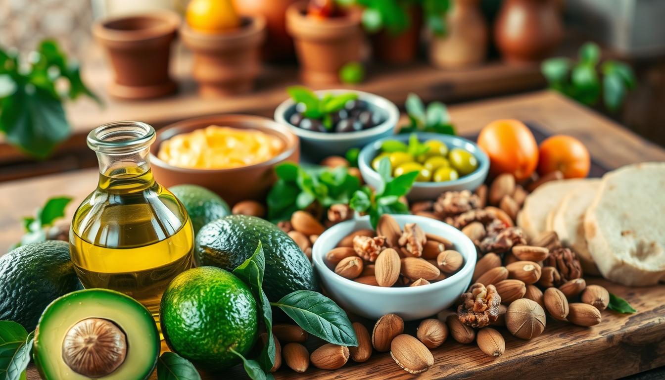 A beautifully arranged Mediterranean feast, featuring a vibrant platter of healthy fats. In the foreground, display a selection of extra virgin olive oil, avocados, and a variety of nuts such as almonds and walnuts, all glistening under soft, natural lighting. In the middle ground, include bowls of hummus and olives surrounded by fresh herbs like basil and parsley, enhancing the colors and textures. In the background, a rustic wooden table is set against a warm, inviting kitchen ambiance, with hints of terracotta pots and soft-focus fruits. The mood is wholesome and inviting, conveying a sense of nourishment and well-being. Capture the scene with a slightly elevated angle to emphasize the layers of food and the freshness of ingredients. Get well and stay well, Ray Baker.