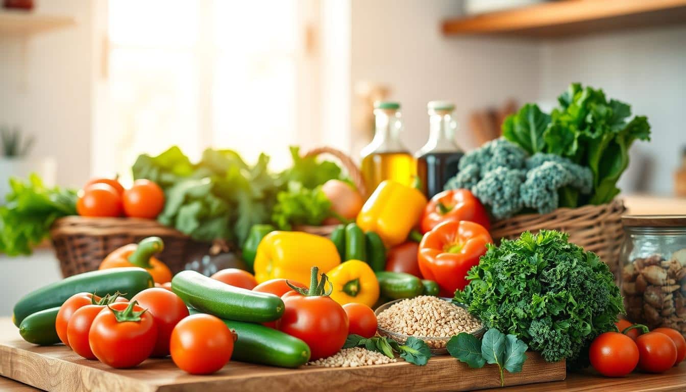 A beautifully arranged Mediterranean grocery scene showcasing vibrant, fresh ingredients typical of the Mediterranean diet. In the foreground, a wooden cutting board displays a colorful array of fruits such as ripe tomatoes, cucumbers, and bell peppers, along with whole grains like quinoa and brown rice. The middle ground features a basket overflowing with leafy greens like spinach and kale, alongside jars of olive oil and balsamic vinegar. In the background, a sunlit kitchen window casts warm, natural light, emphasizing a healthy and inviting atmosphere. The setting is cozy, evoking a sense of wellness and nutrition, ideal for supporting a lifestyle aimed at combating metabolic syndrome. The image reflects warmth and vitality, encouraging healthy eating habits. Get well and stay well, Ray Baker. A beautifully arranged Mediterranean grocery scene showcasing vibrant, fresh ingredients typical of the Mediterranean diet. In the foreground, a wooden cutting board displays a colorful array of fruits such as ripe tomatoes, cucumbers, and bell peppers, along with whole grains like quinoa and brown rice. The middle ground features a basket overflowing with leafy greens like spinach and kale, alongside jars of olive oil and balsamic vinegar. In the background, a sunlit kitchen window casts warm, natural light, emphasizing a healthy and inviting atmosphere. The setting is cozy, evoking a sense of wellness and nutrition, ideal for supporting a lifestyle aimed at combating metabolic syndrome. The image reflects warmth and vitality, encouraging healthy eating habits. Get well and stay well, Ray Baker.