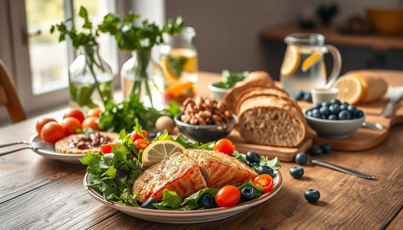 A beautifully arranged Mediterranean-inspired meal spread across a rustic wooden table, showcasing a vibrant array of brain-boosting foods. In the foreground, a colorful plate with roasted salmon, a fresh salad filled with leafy greens, olives, and cherry tomatoes, garnished with a lemon slice. In the middle, a bowl of mixed nuts, blueberries, and whole grain bread, symbolizing healthy fats and antioxidants. In the background, soft morning sunlight filters through a window, casting a warm glow over a vase of fresh herbs and a pitcher of infused water with citrus slices. The atmosphere feels inviting and nourishing, embodying the essence of a brain-healthy diet. Shot with a 50mm lens for depth and richness, ensuring objects are clear and inviting. Get well and stay well, Ray Baker.