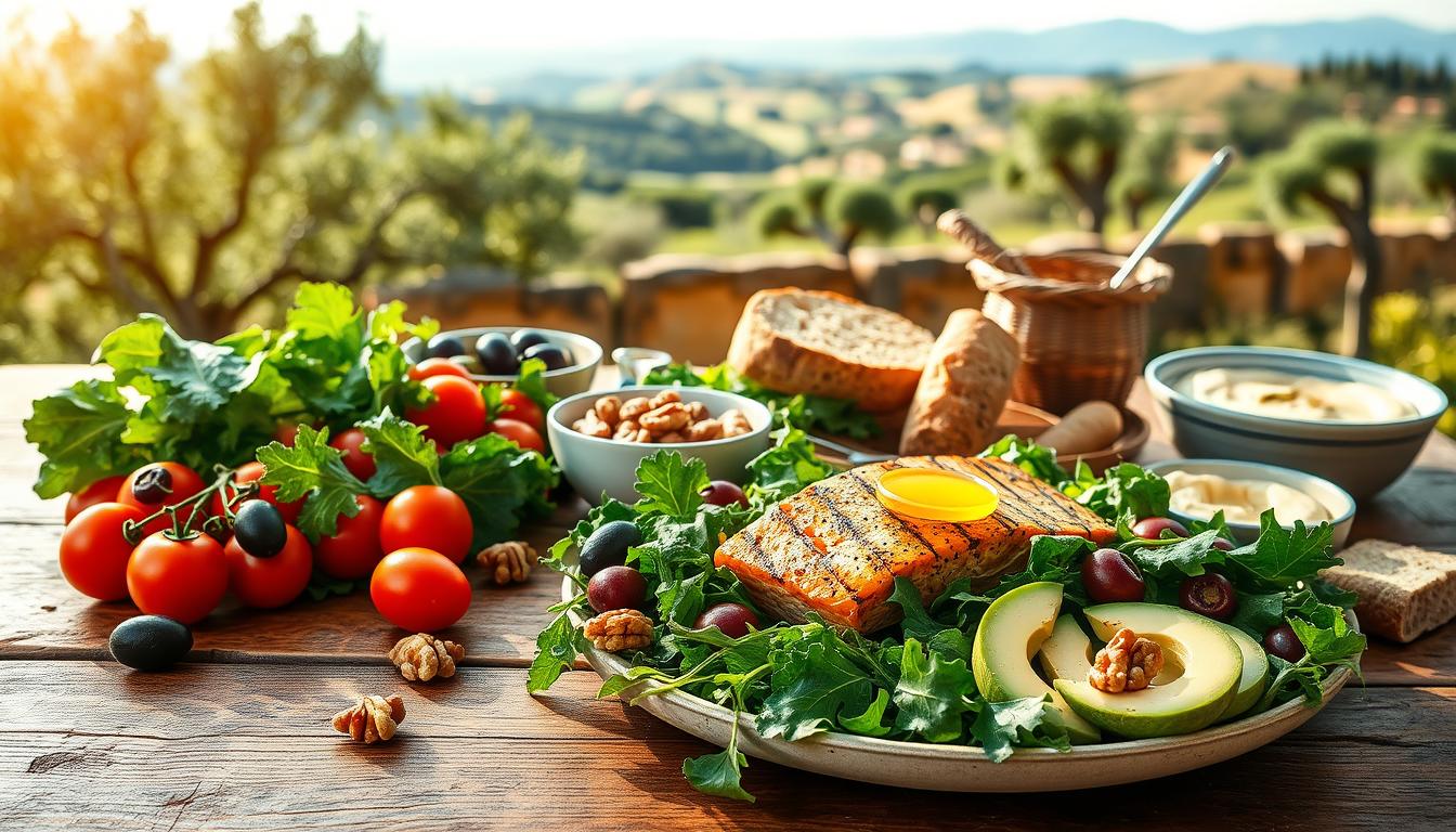 A beautifully arranged Mediterranean-inspired spread of heart-healthy foods on a rustic wooden table. In the foreground, display vibrant cherry tomatoes, creamy avocado slices, and a variety of leafy greens like kale and arugula, elegantly garnished with olives and walnuts. In the middle ground, include a beautifully plated grilled salmon drizzled with olive oil, along with whole grain bread and a small bowl of homemade hummus. In the background, softly lit by natural sunlight, showcase a picturesque Mediterranean landscape with olive trees and gentle hills. Capture a warm, inviting atmosphere that promotes sustainable eating habits. Use soft focus on the background to draw attention to the food. Get well and stay well, Ray Baker. A beautifully arranged Mediterranean-inspired spread of heart-healthy foods on a rustic wooden table. In the foreground, display vibrant cherry tomatoes, creamy avocado slices, and a variety of leafy greens like kale and arugula, elegantly garnished with olives and walnuts. In the middle ground, include a beautifully plated grilled salmon drizzled with olive oil, along with whole grain bread and a small bowl of homemade hummus. In the background, softly lit by natural sunlight, showcase a picturesque Mediterranean landscape with olive trees and gentle hills. Capture a warm, inviting atmosphere that promotes sustainable eating habits. Use soft focus on the background to draw attention to the food. Get well and stay well, Ray Baker.