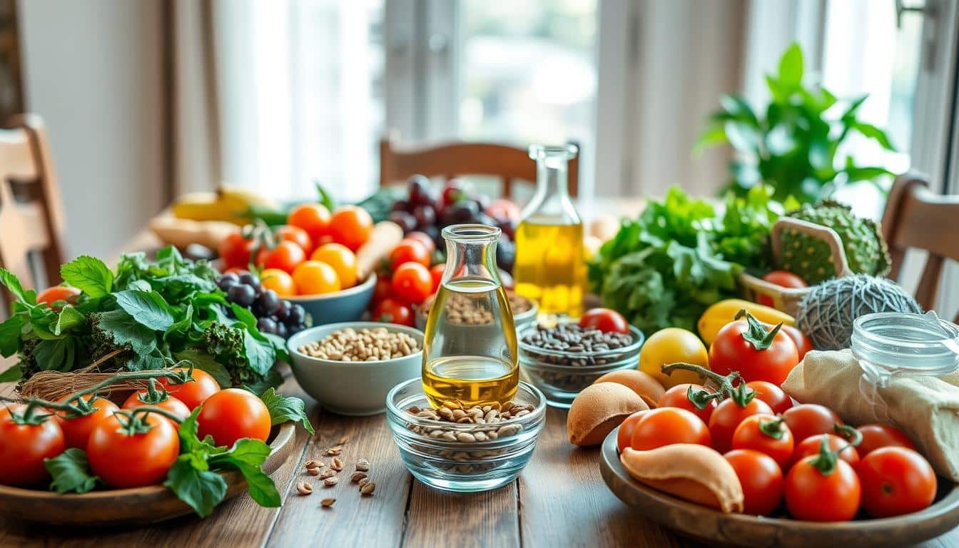 A beautifully arranged Mediterranean-inspired table spread, rich in vibrant colors and textures. In the foreground, an array of fresh foods such as ripe tomatoes, leafy greens, whole grains, and colorful fruits, artfully placed on rustic ceramics. In the middle, a crystal-clear glass of olive oil and small bowls of nuts and seeds, symbolizing healthy fats, evoke a sense of abundance and nourishment. The background features soft, natural light filtering through a window, casting gentle shadows and enhancing the warm, inviting atmosphere. The overall mood is one of tranquility and wellness, inspiring feelings of energy and positivity. The scene captures the essence of how diet fuels brain and mood effectively. Get well and stay well, Ray Baker. A beautifully arranged Mediterranean-inspired table spread, rich in vibrant colors and textures. In the foreground, an array of fresh foods such as ripe tomatoes, leafy greens, whole grains, and colorful fruits, artfully placed on rustic ceramics. In the middle, a crystal-clear glass of olive oil and small bowls of nuts and seeds, symbolizing healthy fats, evoke a sense of abundance and nourishment. The background features soft, natural light filtering through a window, casting gentle shadows and enhancing the warm, inviting atmosphere. The overall mood is one of tranquility and wellness, inspiring feelings of energy and positivity. The scene captures the essence of how diet fuels brain and mood effectively. Get well and stay well, Ray Baker.