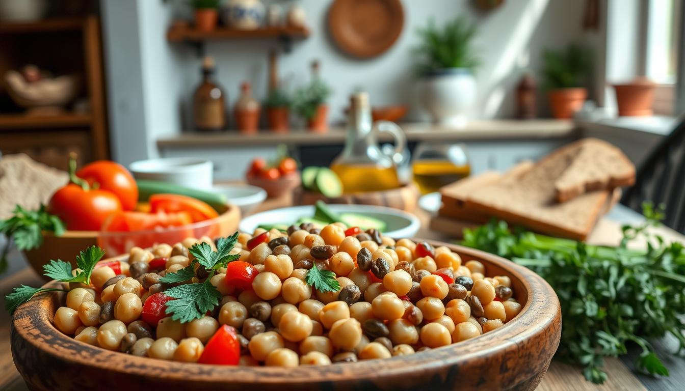 A beautifully arranged Mediterranean meal featuring a vibrant assortment of chickpeas and lentils, showcased in a rustic wooden bowl. In the foreground, the legumes are garnished with fresh parsley and a drizzle of olive oil, next to a colorful medley of sliced tomatoes, cucumbers, and bell peppers. The middle section displays a charming table set with traditional Mediterranean ceramic plates, olive oil, and crusty whole grain bread. In the background, a sunlit kitchen with whitewashed walls and potted herbs creates a warm, inviting atmosphere. Soft natural lighting highlights the textures of the ingredients, while a shallow depth of field focuses on the legumes, conveying a sense of healthy, wholesome living. Get well and stay well, Ray Baker.