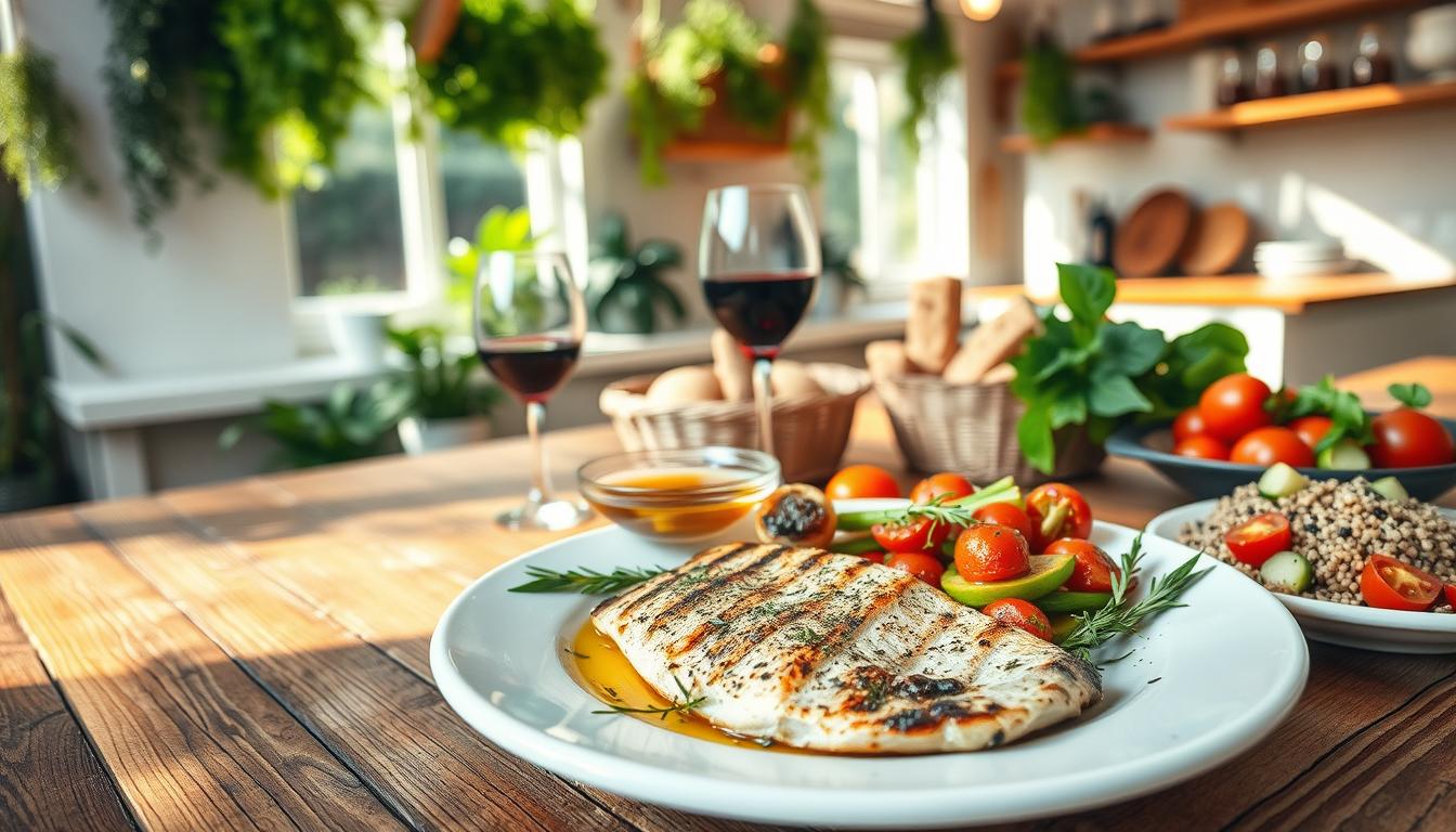 A beautifully arranged Mediterranean meal for older adults, showcasing a vibrant spread on a rustic wooden table. In the foreground, focus on a plate with grilled fish seasoned with herbs, accompanied by roasted vegetables and a side of quinoa salad with fresh tomatoes and cucumbers. Add a bowl of olive oil for dipping. In the middle, include a glass of red wine and a small basket of whole-grain bread. The background features a sunlit kitchen with greenery, hanging herbs, and soft, warm lighting that creates a cozy atmosphere. Capture the scene from a slightly elevated angle, emphasizing the freshness and healthiness of the ingredients, inviting a sense of comfort and well-being. Get well and stay well, Ray Baker.
