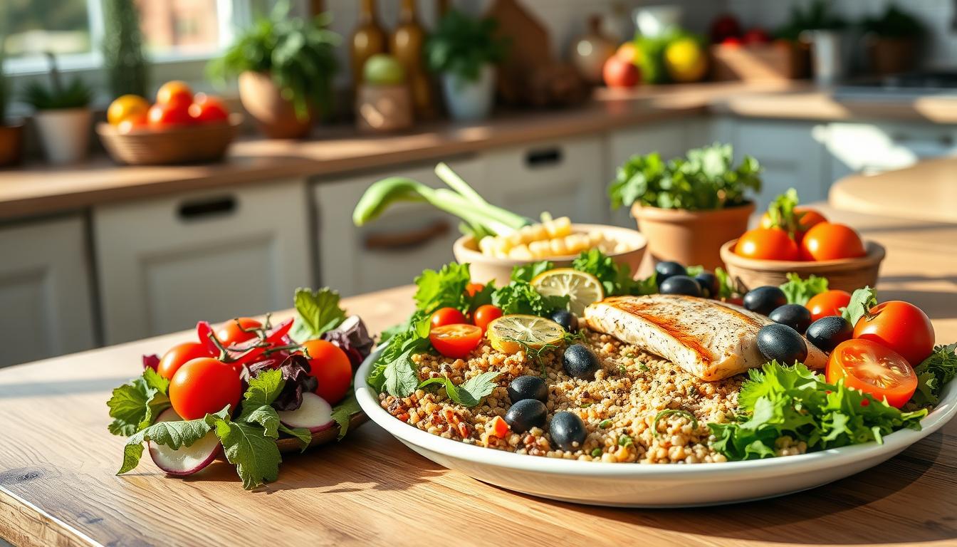A beautifully arranged Mediterranean meal illustrating healthy portions suitable for individuals over 50. In the foreground, a large, colorful plate showcases a variety of fresh vegetables, whole grains, lean proteins, and healthy fats, emphasizing vibrant ingredients like leafy greens, cherry tomatoes, quinoa, grilled fish, and olives. In the middle ground, a soft, rustic wooden dining table sets the inviting atmosphere, complemented by natural lighting streaming in from a nearby window, casting gentle shadows. The background features a cozy kitchen scene with fresh herbs and fruits, enhancing the Mediterranean charm. The overall mood is warm and uplifting, promoting a sense of well-being and vitality. Get well and stay well, Ray Baker. A beautifully arranged Mediterranean meal illustrating healthy portions suitable for individuals over 50. In the foreground, a large, colorful plate showcases a variety of fresh vegetables, whole grains, lean proteins, and healthy fats, emphasizing vibrant ingredients like leafy greens, cherry tomatoes, quinoa, grilled fish, and olives. In the middle ground, a soft, rustic wooden dining table sets the inviting atmosphere, complemented by natural lighting streaming in from a nearby window, casting gentle shadows. The background features a cozy kitchen scene with fresh herbs and fruits, enhancing the Mediterranean charm. The overall mood is warm and uplifting, promoting a sense of well-being and vitality. Get well and stay well, Ray Baker.