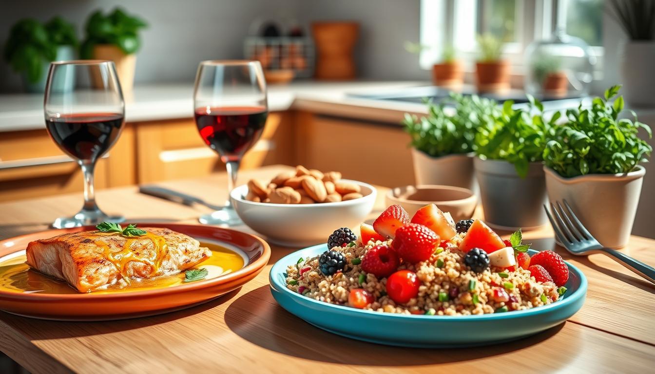 A beautifully arranged Mediterranean meal spread featuring vibrant foods known to lower triglycerides. In the foreground, a wooden table showcases colorful plates with grilled salmon drizzled with olive oil, a hearty quinoa salad rich in vegetables, and a bowl of fresh mixed berries. The middle ground includes a glass of red wine and a small dish of almonds, symbolizing heart-healthy choices. The background softens to a sunlit kitchen with herbs like basil and rosemary in pots, evoking a warm, inviting atmosphere. The lighting is bright and natural, casting soft shadows to enhance textures. This scene captures the essence of smart swaps for delicious, health-conscious meals. Get well and stay well, Ray Baker.