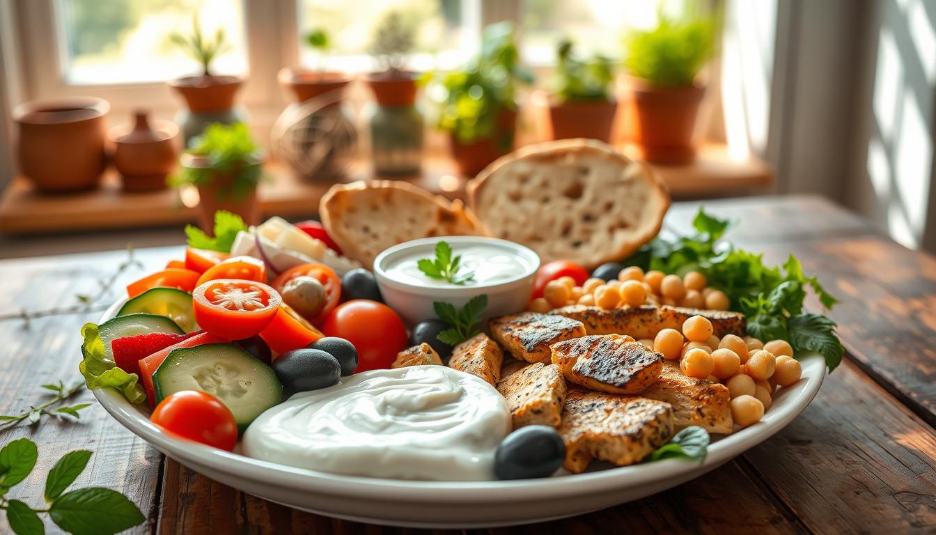 A beautifully arranged Mediterranean plate showcasing portion control, featuring vibrant, fresh ingredients. In the foreground, a colorful array of food including ripe tomatoes, cucumbers, olives, and lean proteins like grilled chicken and chickpeas, artfully displayed on a rustic wooden table. In the middle, a small bowl of tzatziki sauce and a serving of whole-grain pita bread. The background is softly blurred to reveal a sunlit kitchen with herbs in pots, creating a warm, inviting atmosphere. Natural sunlight streams in, casting gentle shadows to enhance the textures of the food. The overall mood is wholesome and nutritious, encouraging healthy eating habits. Get well and stay well, Ray Baker. A beautifully arranged Mediterranean plate showcasing portion control, featuring vibrant, fresh ingredients. In the foreground, a colorful array of food including ripe tomatoes, cucumbers, olives, and lean proteins like grilled chicken and chickpeas, artfully displayed on a rustic wooden table. In the middle, a small bowl of tzatziki sauce and a serving of whole-grain pita bread. The background is softly blurred to reveal a sunlit kitchen with herbs in pots, creating a warm, inviting atmosphere. Natural sunlight streams in, casting gentle shadows to enhance the textures of the food. The overall mood is wholesome and nutritious, encouraging healthy eating habits. Get well and stay well, Ray Baker.