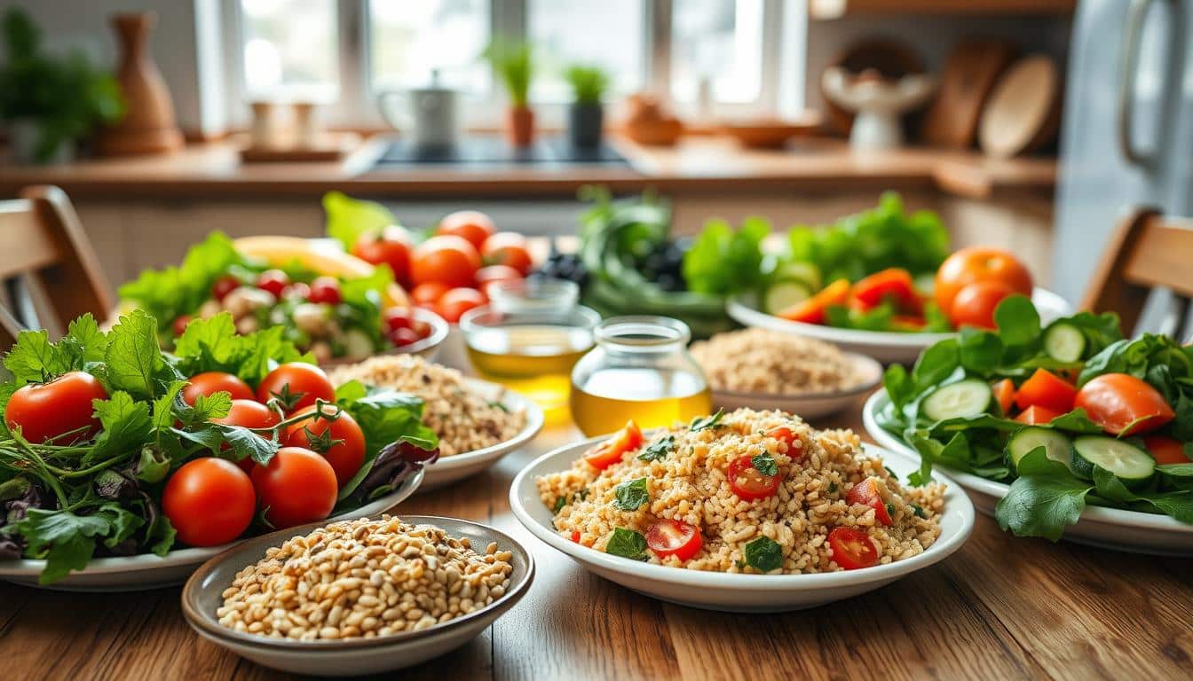 A beautifully arranged Mediterranean table showcasing a healthy fatty liver diet. In the foreground, vibrant plates filled with fresh vegetables like tomatoes, cucumbers, and leafy greens, alongside whole grains such as quinoa and brown rice. In the middle ground, a bowl of olive oil and fresh herbs add a pop of color and aroma. Background elements include an inviting kitchen setting, soft natural lighting streaming through a window, highlighting the freshness of the food. The atmosphere is warm and wholesome, encouraging a sense of wellness. No human subjects are included, ensuring focus remains on the food. Capture this scene from a slightly elevated angle for a dynamic view. Get well and stay well, Ray Baker. A beautifully arranged Mediterranean table showcasing a healthy fatty liver diet. In the foreground, vibrant plates filled with fresh vegetables like tomatoes, cucumbers, and leafy greens, alongside whole grains such as quinoa and brown rice. In the middle ground, a bowl of olive oil and fresh herbs add a pop of color and aroma. Background elements include an inviting kitchen setting, soft natural lighting streaming through a window, highlighting the freshness of the food. The atmosphere is warm and wholesome, encouraging a sense of wellness. No human subjects are included, ensuring focus remains on the food. Capture this scene from a slightly elevated angle for a dynamic view. Get well and stay well, Ray Baker.