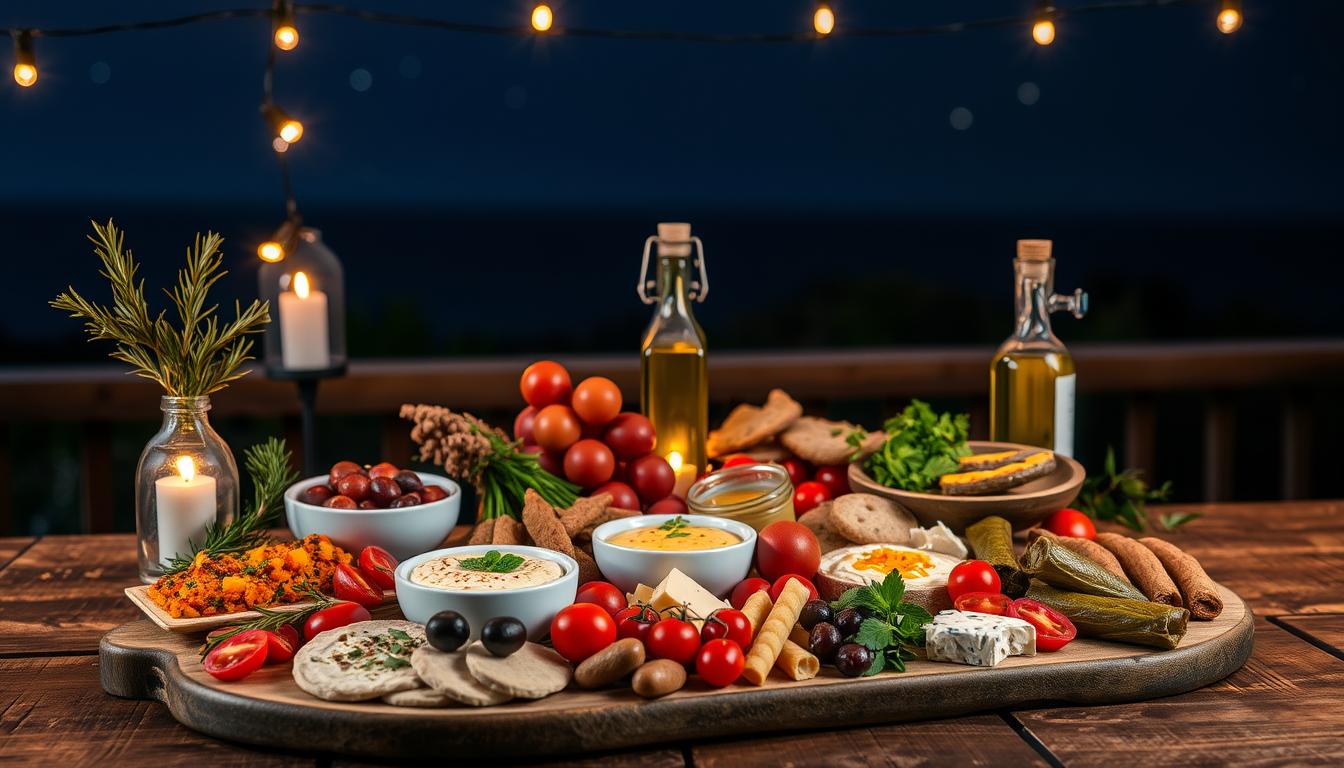A beautifully arranged assortment of Mediterranean snacks displayed on a rustic wooden table at night, illuminated by soft, warm fairy lights overhead. In the foreground, a vibrant spread includes colorful hummus varieties, olives, cherry tomatoes, stuffed grape leaves, and artisanal cheeses, all garnished with fresh herbs. The middle ground features a gently glowing candle-lit vase of rosemary on one side and a bottle of olive oil with a small dipping dish. In the background, a serene night sky sparkles with stars, casting a tranquil ambiance. The composition captures an inviting, healthy late-night snacking vibe, with a subtle bokeh effect on the lights to enhance the atmosphere. Get well and stay well, Ray Baker. A beautifully arranged assortment of Mediterranean snacks displayed on a rustic wooden table at night, illuminated by soft, warm fairy lights overhead. In the foreground, a vibrant spread includes colorful hummus varieties, olives, cherry tomatoes, stuffed grape leaves, and artisanal cheeses, all garnished with fresh herbs. The middle ground features a gently glowing candle-lit vase of rosemary on one side and a bottle of olive oil with a small dipping dish. In the background, a serene night sky sparkles with stars, casting a tranquil ambiance. The composition captures an inviting, healthy late-night snacking vibe, with a subtle bokeh effect on the lights to enhance the atmosphere. Get well and stay well, Ray Baker.