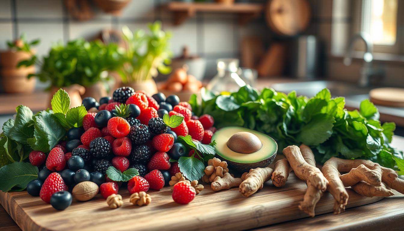 A beautifully arranged assortment of anti-inflammatory foods suitable for healthy aging, including vibrant berries, deep green leafy vegetables, walnuts, avocados, and turmeric roots. The foreground features a wooden cutting board with these foods artfully displayed in a natural light setting, emphasizing their freshness. In the middle ground, a rustic kitchen setting with herbs in small pots and a bowl of olive oil creates a warm atmosphere. In the background, soft-focus elements include a window with gentle sunlight streaming in, casting a serene glow across the scene. The mood is uplifting, encouraging vitality and well-being, reflecting the essence of nourishment and mental clarity. Get well and stay well, Ray Baker.