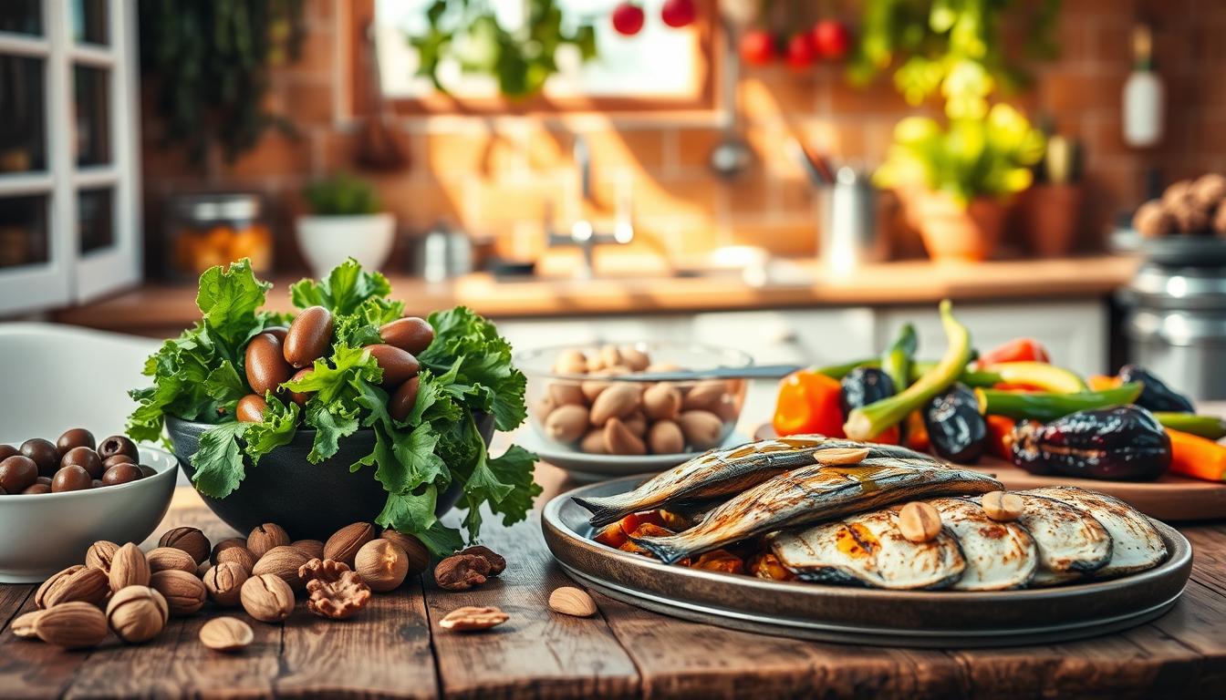 A beautifully arranged display of Mediterranean diet staples, focusing on foods that promote strong bones. In the foreground, a rustic wooden table set with a vibrant bowl of kale, a platter of olives, and a selection of nuts, including almonds and walnuts. The middle ground features a hearty dish of grilled sardines drizzled with olive oil and a side of roasted vegetables, such as bell peppers and eggplant. In the background, a sunlit kitchen with terracotta tiles and hanging herbs, creating an inviting atmosphere. The lighting is warm and natural, suggesting a late afternoon glow, enhancing the colors of the fresh ingredients. The scene is tranquil and wholesome, reflecting nourishment and health. Get well and stay well, Ray Baker. A beautifully arranged display of Mediterranean diet staples, focusing on foods that promote strong bones. In the foreground, a rustic wooden table set with a vibrant bowl of kale, a platter of olives, and a selection of nuts, including almonds and walnuts. The middle ground features a hearty dish of grilled sardines drizzled with olive oil and a side of roasted vegetables, such as bell peppers and eggplant. In the background, a sunlit kitchen with terracotta tiles and hanging herbs, creating an inviting atmosphere. The lighting is warm and natural, suggesting a late afternoon glow, enhancing the colors of the fresh ingredients. The scene is tranquil and wholesome, reflecting nourishment and health. Get well and stay well, Ray Baker.