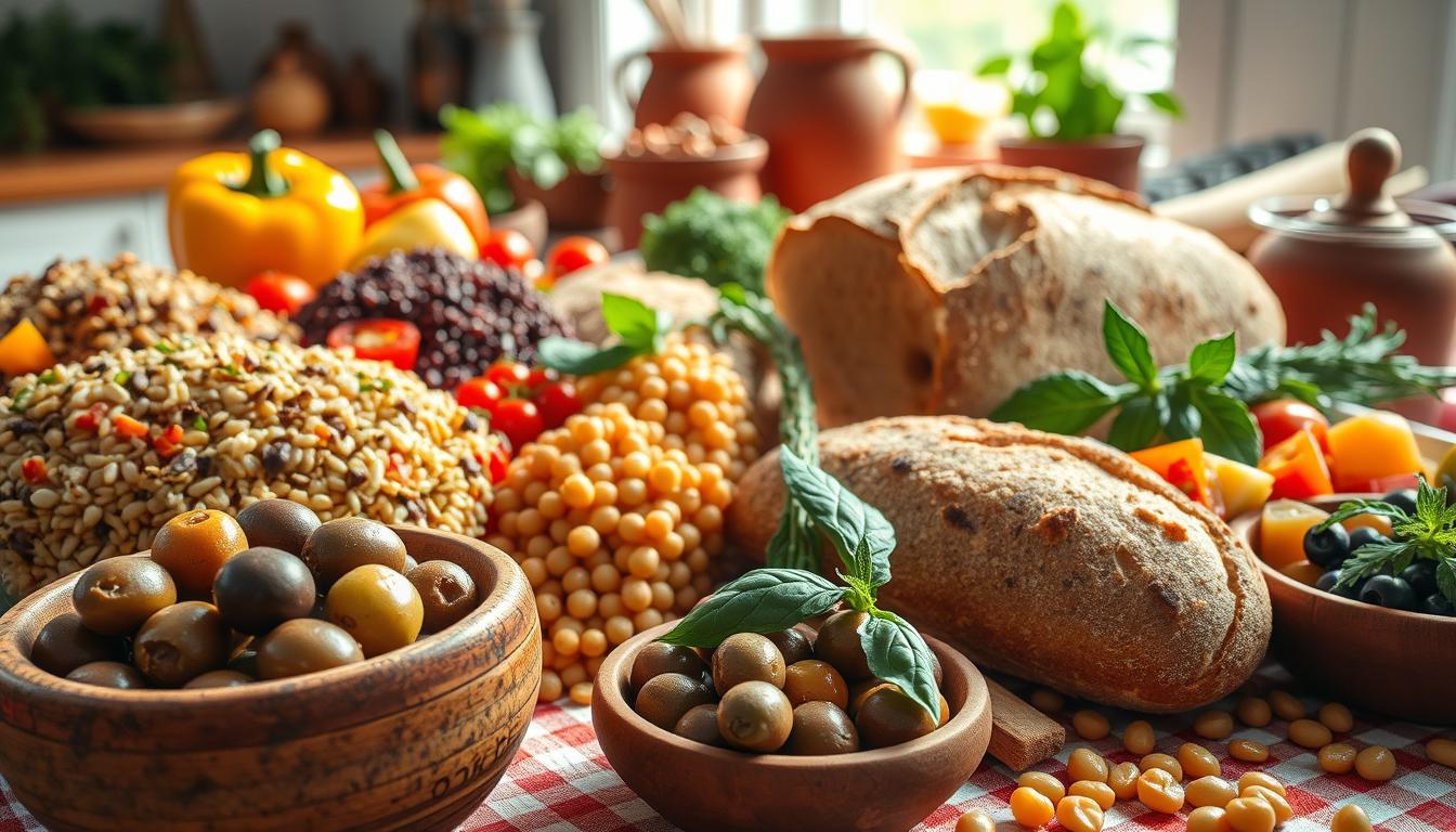A beautifully arranged display of Mediterranean fiber foods, featuring vibrant whole grains like bulgur and farro, an assortment of legumes including lentils and chickpeas, and fresh colorful vegetables like bell peppers and tomatoes. In the foreground, a wooden bowl filled with olives and a drizzle of high-quality olive oil. The middle ground showcases a rustic bread loaf made from whole wheat, accompanied by sprigs of fresh herbs like basil and oregano. The background includes a sunlit kitchen setting, with terracotta pots and fresh produce sprawled across a checkered tablecloth, exuding a warm and inviting atmosphere. Soft natural lighting highlights the textures and colors, captured from a slightly elevated angle for a comprehensive view. Get well and stay well, Ray Baker. A beautifully arranged display of Mediterranean fiber foods, featuring vibrant whole grains like bulgur and farro, an assortment of legumes including lentils and chickpeas, and fresh colorful vegetables like bell peppers and tomatoes. In the foreground, a wooden bowl filled with olives and a drizzle of high-quality olive oil. The middle ground showcases a rustic bread loaf made from whole wheat, accompanied by sprigs of fresh herbs like basil and oregano. The background includes a sunlit kitchen setting, with terracotta pots and fresh produce sprawled across a checkered tablecloth, exuding a warm and inviting atmosphere. Soft natural lighting highlights the textures and colors, captured from a slightly elevated angle for a comprehensive view. Get well and stay well, Ray Baker.