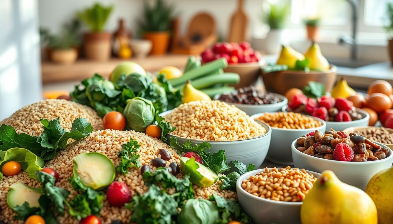 A beautifully arranged display of high fiber foods ideal for gut health, showcasing a vibrant variety of ingredients. In the foreground, an assortment of whole grains like quinoa and barley is elegantly presented alongside colorful vegetables such as leafy kale, brussels sprouts, and ripe avocados. In the middle ground, bowls filled with beans and lentils provide contrast, while fresh fruits like raspberries and pears add a pop of color. The background features light, soft focus on an organic kitchen space with wooden accents, allowing the food to be the star. Natural sunlight streams in, casting a warm glow that enhances the inviting atmosphere. The overall mood is fresh and wholesome, capturing the essence of healthy eating. Get well and stay well, Ray Baker.