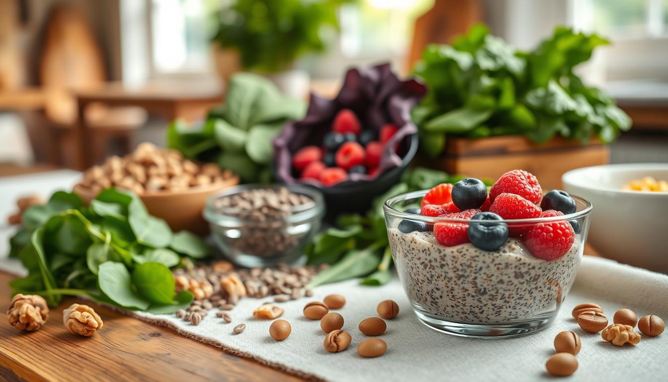 A beautifully arranged display of omega-3 foods without fish, featuring vibrant ingredients like walnuts, chia seeds, flaxseeds, and a selection of leafy greens such as spinach and kale. In the foreground, place a small glass bowl of chia pudding topped with fresh berries, and scattered nuts nearby. The middle ground should showcase a rustic wooden table setting contrasted with a light linen tablecloth. In the background, soft-focus bright kitchen elements like a window allowing natural light to flood the scene, giving a warm and inviting atmosphere. The image should convey a sense of health and vitality, emphasizing the abundance of plant-based sources rich in omega-3. Capture the scene using soft, natural lighting from above to enhance the textures. Get well and stay well, Ray Baker.