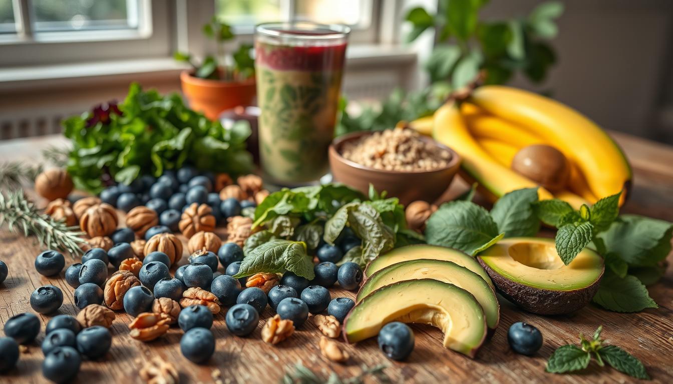 A beautifully arranged flat lay featuring a variety of colorful foods that promote brain health, energy, and mood. In the foreground, include vibrant blueberries, walnuts, dark leafy greens, and slices of avocado, artistically placed on a rustic wooden table. In the middle ground, a glass of smoothie rich in spinach and banana sits next to a small bowl of quinoa. The background features soft, natural light streaming in from a nearby window, creating a warm and inviting atmosphere. Subtle herbs like rosemary and mint are scattered around to enhance the composition. The scene should evoke a sense of vitality and wellness, ideal for inspiring healthy eating habits. Get well and stay well, Ray Baker.