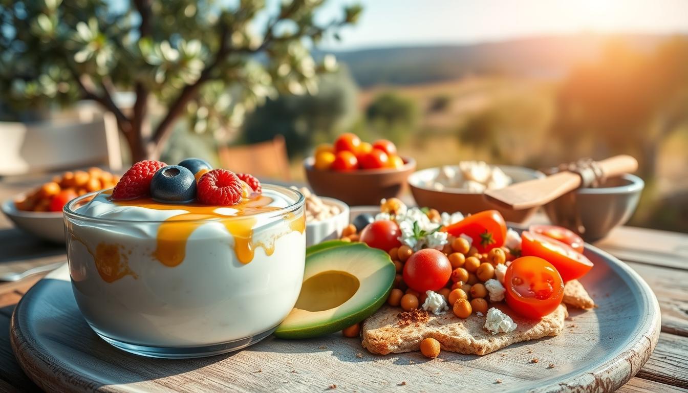 A beautifully arranged high protein Mediterranean breakfast plate on a rustic wooden table. In the foreground, a vibrant assortment of Greek yogurt topped with fresh berries and a drizzle of honey, accompanied by a side of spiced chickpeas and creamy hummus served with whole grain pita bread. In the middle ground, slices of ripe avocado, cherry tomatoes, and a sprinkle of feta cheese create a colorful and healthy display. The background features a soft-focus view of a sunlit Mediterranean landscape, with blooming olive trees and a clear blue sky. Natural, warm lighting illuminates the scene, enhancing the freshness of the ingredients. The mood is inviting and wholesome, perfect for an energizing breakfast setting. Get well and stay well, Ray Baker. A beautifully arranged high protein Mediterranean breakfast plate on a rustic wooden table. In the foreground, a vibrant assortment of Greek yogurt topped with fresh berries and a drizzle of honey, accompanied by a side of spiced chickpeas and creamy hummus served with whole grain pita bread. In the middle ground, slices of ripe avocado, cherry tomatoes, and a sprinkle of feta cheese create a colorful and healthy display. The background features a soft-focus view of a sunlit Mediterranean landscape, with blooming olive trees and a clear blue sky. Natural, warm lighting illuminates the scene, enhancing the freshness of the ingredients. The mood is inviting and wholesome, perfect for an energizing breakfast setting. Get well and stay well, Ray Baker.