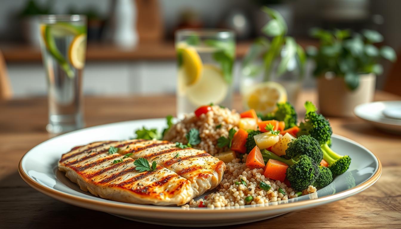 A beautifully arranged plate showcasing blood sugar-friendly meals, featuring grilled chicken breast seasoned with herbs, a vibrant quinoa salad packed with diced cucumbers, cherry tomatoes, and fresh parsley, alongside a steaming portion of sautéed broccoli and carrots. In the foreground, the plate is elegantly presented on a wooden dining table with soft, natural lighting illuminating the colors of the food. The middle ground includes a glass of infused water with lemon and mint, enhancing the refreshing atmosphere. In the background, a cozy kitchen setting can be seen with soft-focus greenery from potted plants. The mood is warm and inviting, perfect for promoting healthy eating habits. Get well and stay well, Ray Baker.