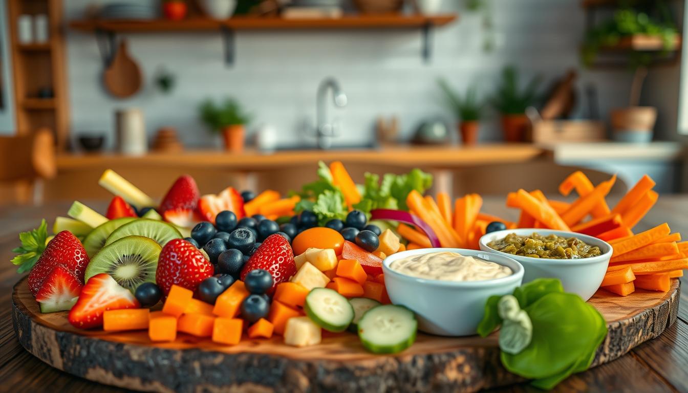 A beautifully arranged platter of healthy evening snacks, featuring vibrant fresh fruits like strawberries, blueberries, and sliced kiwi, alongside a variety of colorful vegetables such as carrot sticks, cucumber slices, and bell pepper strips. Complementing this are small bowls of hummus and guacamole for dipping. The foreground showcases the snacks artfully placed on a rustic wooden table, with a soft golden light illuminating the scene, creating a warm and inviting atmosphere. In the middle, a cozy kitchen setting is visible, with subtle hints of greenery from potted plants in the background. The angle captures a slightly elevated view to emphasize the arrangement and detail of the snacks, evoking a sense of comfort and health-conscious indulgence. Get well and stay well, Ray Baker. A beautifully arranged platter of healthy evening snacks, featuring vibrant fresh fruits like strawberries, blueberries, and sliced kiwi, alongside a variety of colorful vegetables such as carrot sticks, cucumber slices, and bell pepper strips. Complementing this are small bowls of hummus and guacamole for dipping. The foreground showcases the snacks artfully placed on a rustic wooden table, with a soft golden light illuminating the scene, creating a warm and inviting atmosphere. In the middle, a cozy kitchen setting is visible, with subtle hints of greenery from potted plants in the background. The angle captures a slightly elevated view to emphasize the arrangement and detail of the snacks, evoking a sense of comfort and health-conscious indulgence. Get well and stay well, Ray Baker.