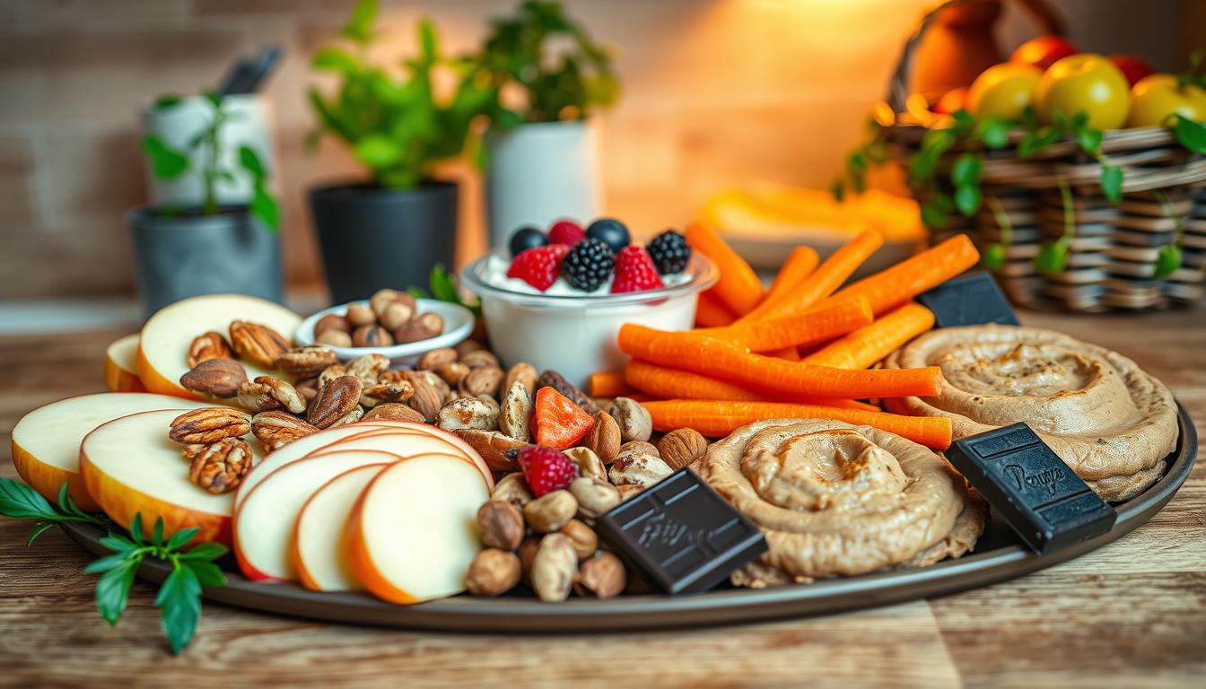 A beautifully arranged platter of healthy snacks designed for cravings, featuring vibrant, fresh options like sliced apples with almond butter, mixed nuts, Greek yogurt with berries, carrot sticks with hummus, and dark chocolate squares. In the foreground, the platter is adorned with earthy tones and natural textures to evoke a sense of health and vitality. The middle section includes a cozy kitchen setting with a soft, warm light illuminating the snacks, creating an inviting atmosphere. The background subtly hints at potted herbs and a fruit basket, enhancing the freshness. The scene is captured in a top-down angle, showcasing the snacks' colors and textures, promoting a mood of wellness and satisfaction. Get well and stay well, Ray Baker. A beautifully arranged platter of healthy snacks designed for cravings, featuring vibrant, fresh options like sliced apples with almond butter, mixed nuts, Greek yogurt with berries, carrot sticks with hummus, and dark chocolate squares. In the foreground, the platter is adorned with earthy tones and natural textures to evoke a sense of health and vitality. The middle section includes a cozy kitchen setting with a soft, warm light illuminating the snacks, creating an inviting atmosphere. The background subtly hints at potted herbs and a fruit basket, enhancing the freshness. The scene is captured in a top-down angle, showcasing the snacks' colors and textures, promoting a mood of wellness and satisfaction. Get well and stay well, Ray Baker.