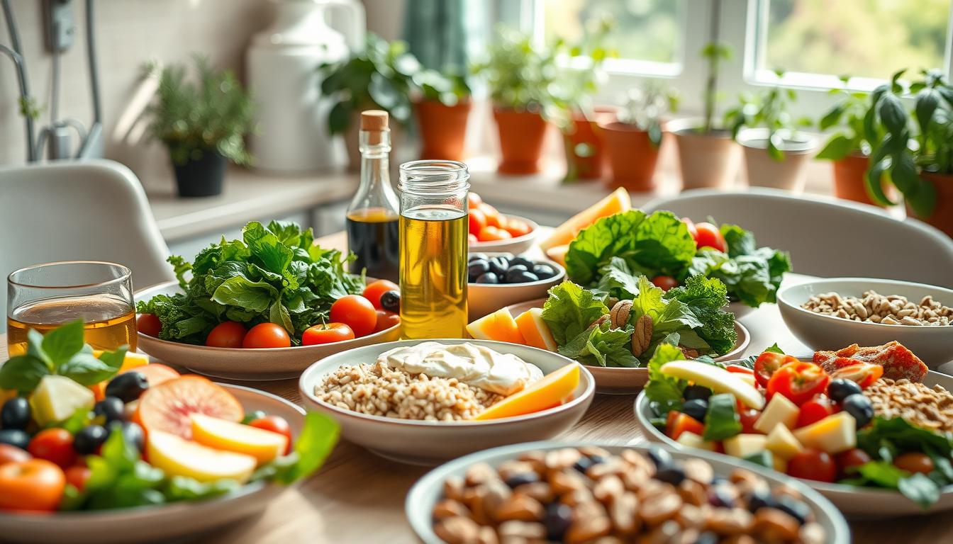 A beautifully arranged table featuring a healthy aging diet, focusing on the Mediterranean diet. In the foreground, vibrant plates filled with colorful fruits, leafy greens, whole grains, and nuts, showcasing essential nutrients for brain and body vitality. The middle ground includes a glass of olive oil, a bowl of olives, and a small dish of hummus, adding texture and variety. The background subtly displays a sunny kitchen with herbs like rosemary and basil growing in pots, creating a warm, inviting atmosphere. Soft, natural lighting filters through a window, illuminating the scene and enhancing the fresh colors of the food. The overall mood is uplifting and inspirational, promoting health and wellness. Get well and stay well, Ray Baker.