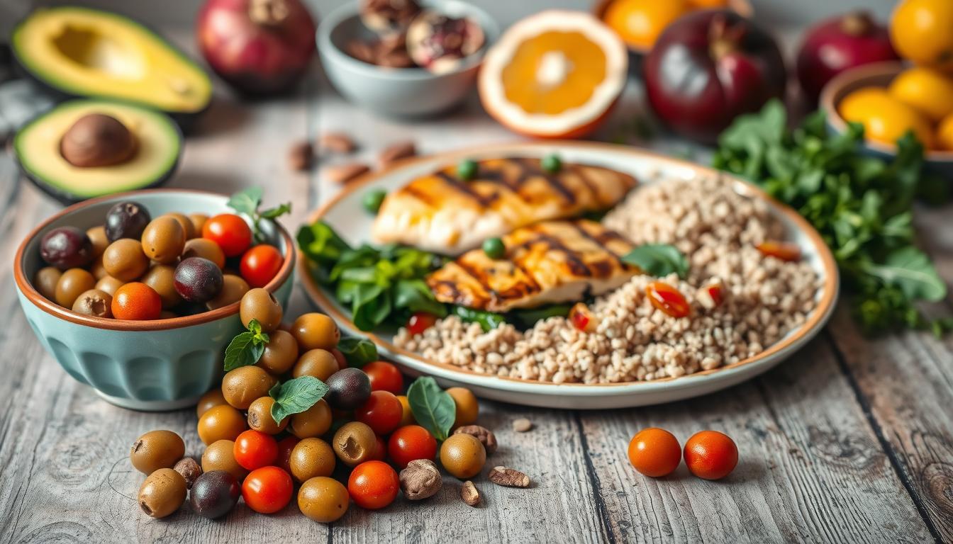 A beautifully arranged table featuring a variety of foods known to boost endothelial function, inspired by a Mediterranean diet. In the foreground, a vibrant bowl of mixed olives, cherry tomatoes, and a selection of nuts spills onto a rustic wooden surface. In the middle, a colorful plate holds grilled fish drizzled with olive oil, surrounded by steamed greens and a side of quinoa. Fresh herbs like parsley and basil add texture. In the background, soft-focus images of ripe avocados, pomegranates, and citrus fruits create a warm atmosphere. The scene is softly lit, emitting a cozy, inviting glow, reminiscent of a sun-drenched Mediterranean kitchen. The overall mood is healthy and vibrant, showcasing foods beneficial for cardiovascular health. Get well and stay well, Ray Baker. A beautifully arranged table featuring a variety of foods known to boost endothelial function, inspired by a Mediterranean diet. In the foreground, a vibrant bowl of mixed olives, cherry tomatoes, and a selection of nuts spills onto a rustic wooden surface. In the middle, a colorful plate holds grilled fish drizzled with olive oil, surrounded by steamed greens and a side of quinoa. Fresh herbs like parsley and basil add texture. In the background, soft-focus images of ripe avocados, pomegranates, and citrus fruits create a warm atmosphere. The scene is softly lit, emitting a cozy, inviting glow, reminiscent of a sun-drenched Mediterranean kitchen. The overall mood is healthy and vibrant, showcasing foods beneficial for cardiovascular health. Get well and stay well, Ray Baker.
