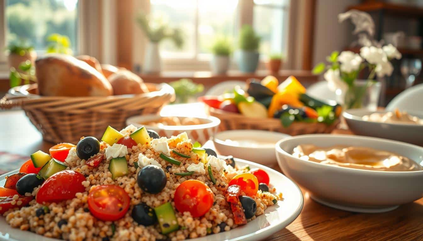 A beautifully arranged table featuring an array of low glycemic index Mediterranean meals ideal for those over 50. In the foreground, display a colorful plate of quinoa salad with cherry tomatoes, cucumbers, olives, and feta cheese, drizzled with olive oil and lemon. Beside it, a bowl of roasted vegetables, including eggplant, zucchini, and bell peppers, emits steam. The middle ground showcases a rustic bread basket filled with whole grain bread and a bowl of hummus. In the background, sunlight streams through a large window, casting a warm glow over the scene and highlighting fresh herbs in small pots on the window sill. The atmosphere is inviting and vibrant, conveying a sense of health and well-being, perfect for fueling the brain and mood through nutrition. Get well and stay well, Ray Baker. A beautifully arranged table featuring an array of low glycemic index Mediterranean meals ideal for those over 50. In the foreground, display a colorful plate of quinoa salad with cherry tomatoes, cucumbers, olives, and feta cheese, drizzled with olive oil and lemon. Beside it, a bowl of roasted vegetables, including eggplant, zucchini, and bell peppers, emits steam. The middle ground showcases a rustic bread basket filled with whole grain bread and a bowl of hummus. In the background, sunlight streams through a large window, casting a warm glow over the scene and highlighting fresh herbs in small pots on the window sill. The atmosphere is inviting and vibrant, conveying a sense of health and well-being, perfect for fueling the brain and mood through nutrition. Get well and stay well, Ray Baker.