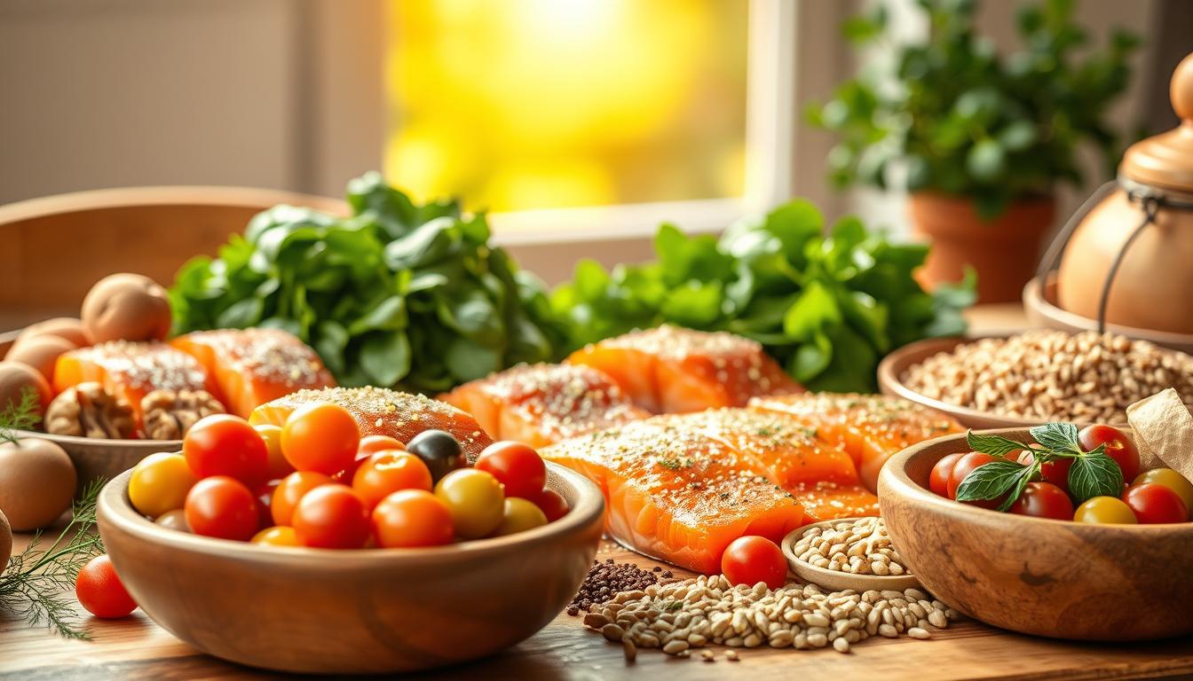 A beautifully arranged table showcasing Mediterranean omega-3 foods, featuring a vibrant display of fresh salmon fillets, walnuts, and green leafy spinach. In the foreground, a rustic wooden bowl filled with colorful cherry tomatoes and olives adds a rich texture. The middle ground includes a selection of whole grains like quinoa and barley, garnished with fresh herbs like parsley and dill. In the background, soft golden sunlight filters through a window, illuminating the scene and creating a warm, inviting atmosphere. The focus is sharp on the food, with a shallow depth of field to softly blur the background elements. The composition evokes a sense of health and vitality, perfect for illustrating heart and brain nutrition. Get well and stay well, Ray Baker. A beautifully arranged table showcasing Mediterranean omega-3 foods, featuring a vibrant display of fresh salmon fillets, walnuts, and green leafy spinach. In the foreground, a rustic wooden bowl filled with colorful cherry tomatoes and olives adds a rich texture. The middle ground includes a selection of whole grains like quinoa and barley, garnished with fresh herbs like parsley and dill. In the background, soft golden sunlight filters through a window, illuminating the scene and creating a warm, inviting atmosphere. The focus is sharp on the food, with a shallow depth of field to softly blur the background elements. The composition evokes a sense of health and vitality, perfect for illustrating heart and brain nutrition. Get well and stay well, Ray Baker.