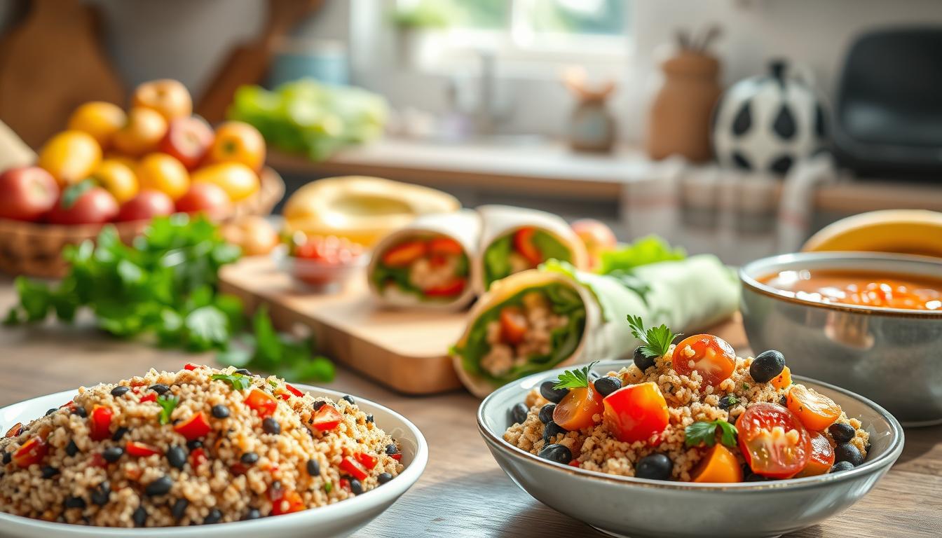 A beautifully arranged table showcasing a selection of vibrant high-fiber meals that are both appetizing and nutritious. In the foreground, a colorful quinoa salad mixed with black beans, cherry tomatoes, and avocado, garnished with fresh herbs. Next to it, a steaming bowl of vegetable lentil soup, topped with a sprinkle of parsley. In the middle, an assortment of whole grain wraps filled with roasted vegetables and hummus, presented on a wooden cutting board. The background features a softly blurred, sunlit kitchen with fresh fruits and vegetables, creating a warm, inviting atmosphere. The lighting is soft and natural, enhancing the vivid colors of the food. Capture the essence of healthy eating with an enticing and wholesome presentation. Get well and stay well, Ray Baker.