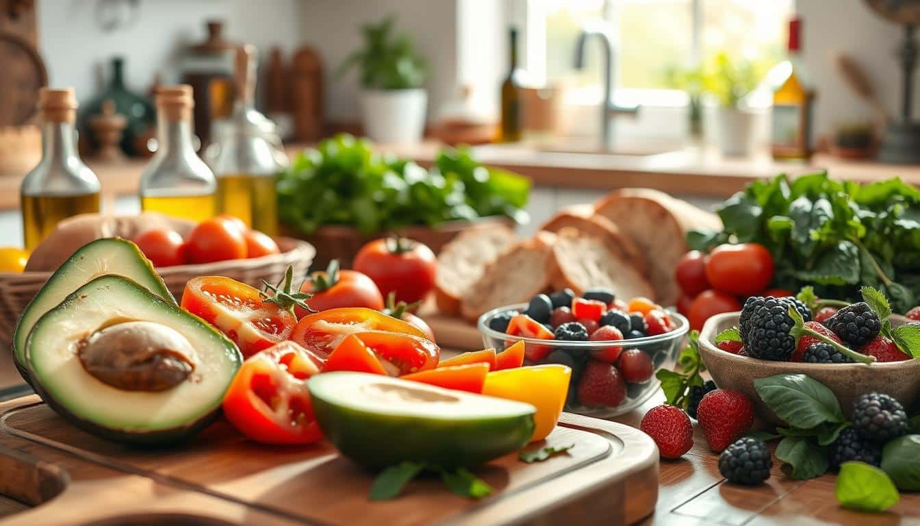 A beautifully arranged table spread featuring vibrant foods that prevent strokes, inspired by the Mediterranean diet. In the foreground, a wooden cutting board holds sliced ripe avocados, juicy tomatoes, and colorful bell peppers. A bowl of mixed berries sits nearby, radiating freshness. In the middle ground, a soft-focus display of whole grain bread and vibrant leafy greens like spinach and kale provides a cheerful contrast. In the background, a rustic kitchen setting with olive oil bottles, herbs like basil and rosemary, and a sunlit window creating a warm ambiance. Bright, natural lighting emphasizes the vivid colors of the healthy foods. The scene should evoke a sense of vitality and well-being, inviting viewers to embrace a health-focused lifestyle. Get well and stay well, Ray Baker. A beautifully arranged table spread featuring vibrant foods that prevent strokes, inspired by the Mediterranean diet. In the foreground, a wooden cutting board holds sliced ripe avocados, juicy tomatoes, and colorful bell peppers. A bowl of mixed berries sits nearby, radiating freshness. In the middle ground, a soft-focus display of whole grain bread and vibrant leafy greens like spinach and kale provides a cheerful contrast. In the background, a rustic kitchen setting with olive oil bottles, herbs like basil and rosemary, and a sunlit window creating a warm ambiance. Bright, natural lighting emphasizes the vivid colors of the healthy foods. The scene should evoke a sense of vitality and well-being, inviting viewers to embrace a health-focused lifestyle. Get well and stay well, Ray Baker.