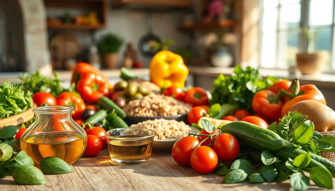 A beautifully arranged tabletop featuring an array of Mediterranean-inspired immune support foods, showcasing vibrant and colorful elements. In the foreground, a selection of fresh vegetables, such as ripe tomatoes, crisp cucumbers, and bell peppers, alongside a bowl of olives and a small dish of olive oil glistening in the light. In the middle, a platter of whole grains, like quinoa and farro, and a sprinkle of herbs such as oregano and basil. In the background, a soft-focus view of a sunlit kitchen or a rustic Mediterranean landscape, invoking warmth and health. The lighting should be soft and natural, mimicking the golden hour, with an inviting atmosphere that conveys wellness and vitality. Get well and stay well, Ray Baker.