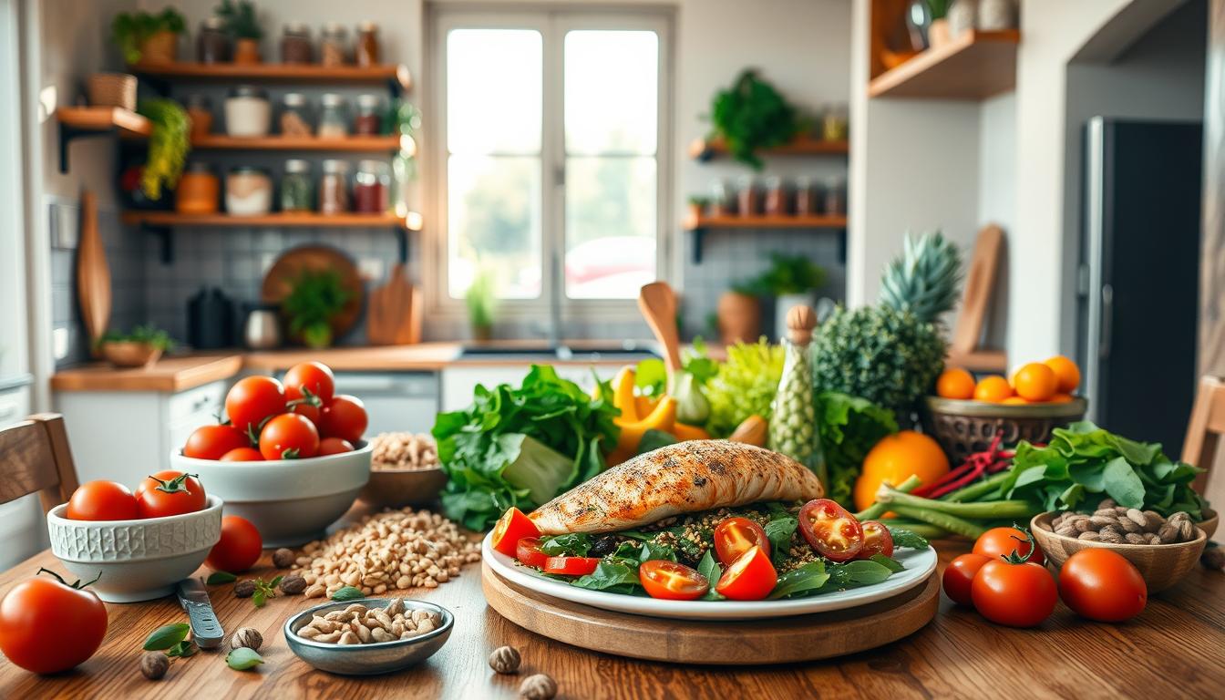 A bright Mediterranean kitchen filled with fresh, colorful ingredients for an insulin resistance diet. In the foreground, a wooden table is artfully arranged with a variety of whole foods: ripe tomatoes, leafy greens, olives, whole grains, and a bowl of nuts. A vibrant plate of grilled fish and steamed vegetables sits proudly at the center. The middle ground features a large window letting in warm, natural light, enhancing the inviting atmosphere. In the background, shelves are lined with jars of herbs and spices, reinforcing the Mediterranean theme. The overall mood is healthy and energizing, inspiring a sense of fresh starts and new habits. The image is captured with a soft focus to accentuate the colors and textures, conveying a sense of warmth and well-being. Get well and stay well, Ray Baker. A bright Mediterranean kitchen filled with fresh, colorful ingredients for an insulin resistance diet. In the foreground, a wooden table is artfully arranged with a variety of whole foods: ripe tomatoes, leafy greens, olives, whole grains, and a bowl of nuts. A vibrant plate of grilled fish and steamed vegetables sits proudly at the center. The middle ground features a large window letting in warm, natural light, enhancing the inviting atmosphere. In the background, shelves are lined with jars of herbs and spices, reinforcing the Mediterranean theme. The overall mood is healthy and energizing, inspiring a sense of fresh starts and new habits. The image is captured with a soft focus to accentuate the colors and textures, conveying a sense of warmth and well-being. Get well and stay well, Ray Baker.