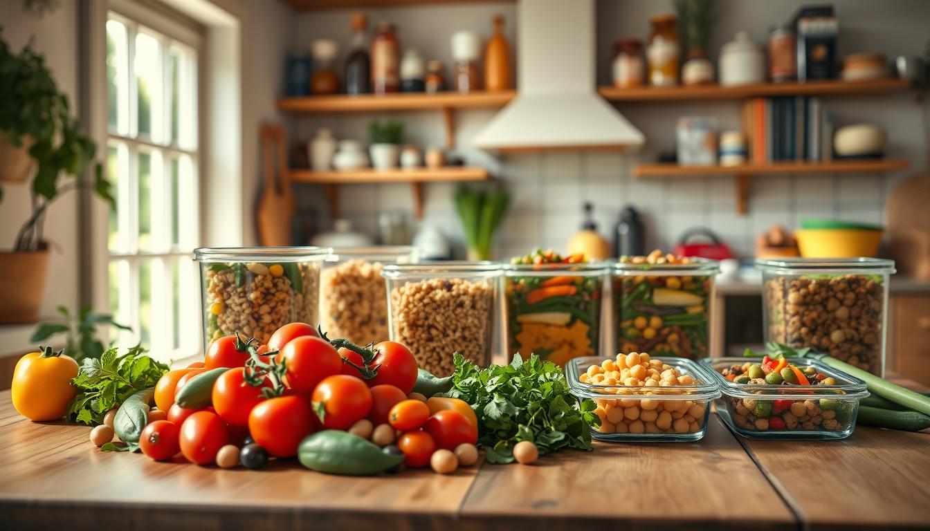 A bright, sunny kitchen filled with the warm glow of natural light, showcasing a wooden table in the foreground piled high with colorful Mediterranean ingredients like ripe tomatoes, bell peppers, olives, chickpeas, and fresh herbs. In the middle, several neatly arranged glass containers filled with batch-cooked meals featuring vibrant dishes like Mediterranean quinoa salad, roasted vegetables, and falafel. The background displays a rustic kitchen environment, with shelves lined with spices and cookbooks. The atmosphere is inviting and relaxed, embodying a sense of simplicity and ease. The angle captures the entire scene from a slightly elevated perspective, allowing viewers to appreciate the abundant and nutritious options available for meal prep. Get well and stay well, Ray Baker. A bright, sunny kitchen filled with the warm glow of natural light, showcasing a wooden table in the foreground piled high with colorful Mediterranean ingredients like ripe tomatoes, bell peppers, olives, chickpeas, and fresh herbs. In the middle, several neatly arranged glass containers filled with batch-cooked meals featuring vibrant dishes like Mediterranean quinoa salad, roasted vegetables, and falafel. The background displays a rustic kitchen environment, with shelves lined with spices and cookbooks. The atmosphere is inviting and relaxed, embodying a sense of simplicity and ease. The angle captures the entire scene from a slightly elevated perspective, allowing viewers to appreciate the abundant and nutritious options available for meal prep. Get well and stay well, Ray Baker.