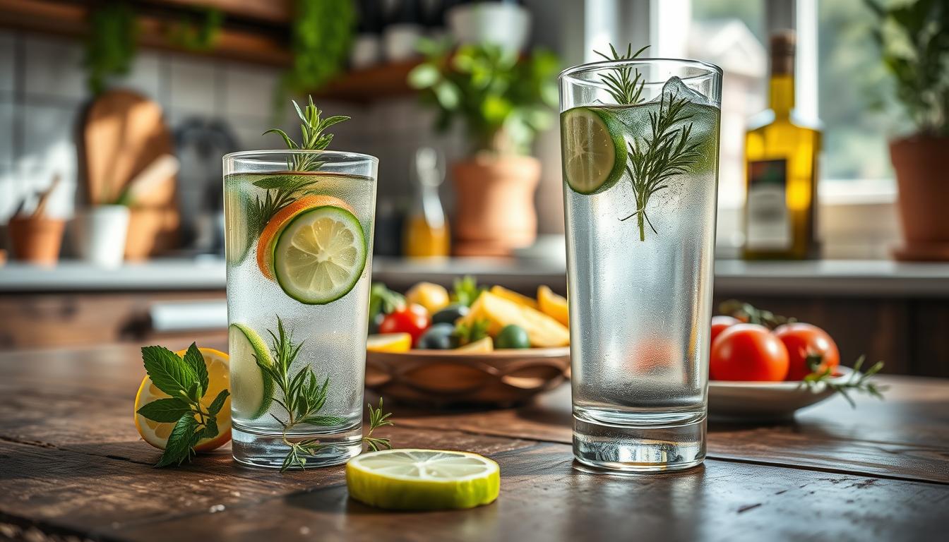 A close-up composition showcasing a refreshing glass of water infused with fresh Mediterranean herbs like mint and rosemary, placed invitingly on a rustic wooden kitchen table. In the foreground, slices of lemon and cucumber are artistically arranged around the glass, emphasizing a sense of hydration and vitality. The middle layer features a colorful bowl of mixed Mediterranean fruits, representing healthy appetite control, with olives and tomatoes subtly included to highlight the diet's components. The background reveals a sunlit kitchen space adorned with potted herbs and olive oil bottles, capturing a warm, inviting atmosphere. The scene is bathed in soft natural light, with a shallow depth of field to bring focus to the glass and fruits, creating a mood of wellness and energy. Get well and stay well, Ray Baker.