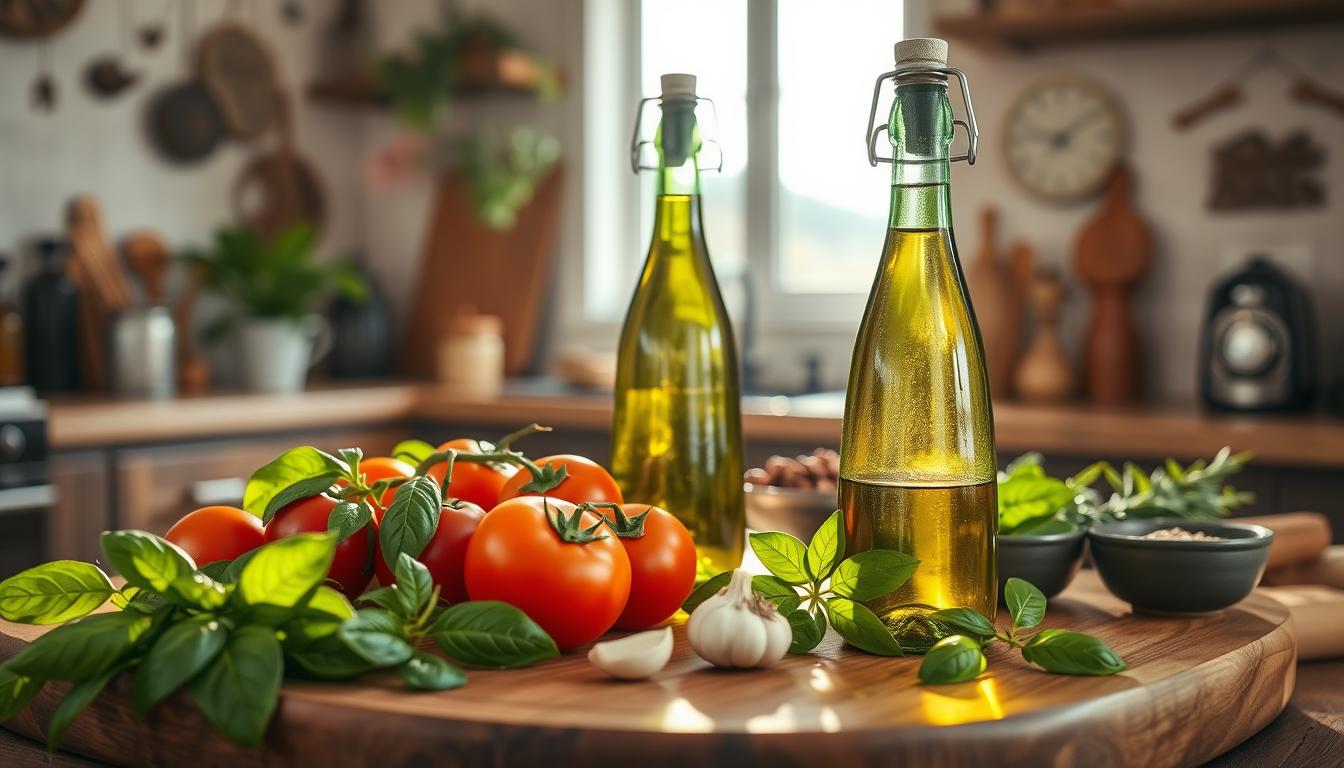 A rustic kitchen countertop adorned with a beautiful olive oil bottle, its green glass glistening in soft, warm natural light. In the foreground, a wooden cutting board is topped with vibrant vegetables like ripe tomatoes, fresh basil, and a few cloves of garlic, inviting viewers to think about healthy meal preparation. The middle ground showcases the olive oil bottle with an elegant pour spout, surrounded by small bowls of herbs and spices, creating an atmosphere of natural cooking. In the background, a window reveals a sunlit Mediterranean landscape, enhancing the feel of freshness and simplicity. The overall mood is warm and inviting, suitable for a culinary setting. Capture this scene with a shallow depth of field to focus on the olive oil while softly blurring the background, evoking a sense of daily meal inspiration. Get well and stay well, Ray Baker. A rustic kitchen countertop adorned with a beautiful olive oil bottle, its green glass glistening in soft, warm natural light. In the foreground, a wooden cutting board is topped with vibrant vegetables like ripe tomatoes, fresh basil, and a few cloves of garlic, inviting viewers to think about healthy meal preparation. The middle ground showcases the olive oil bottle with an elegant pour spout, surrounded by small bowls of herbs and spices, creating an atmosphere of natural cooking. In the background, a window reveals a sunlit Mediterranean landscape, enhancing the feel of freshness and simplicity. The overall mood is warm and inviting, suitable for a culinary setting. Capture this scene with a shallow depth of field to focus on the olive oil while softly blurring the background, evoking a sense of daily meal inspiration. Get well and stay well, Ray Baker.