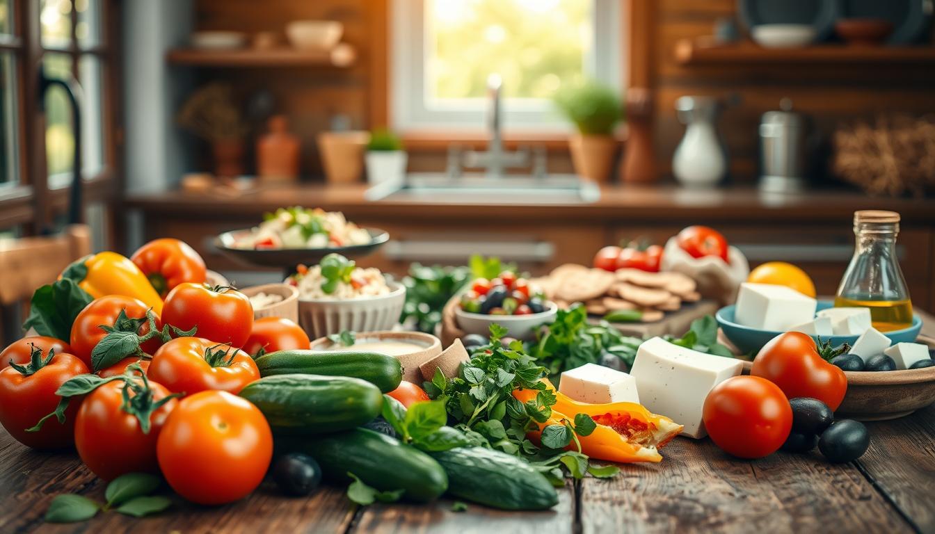 A rustic wooden table set against a warm, inviting kitchen backdrop, showcasing an array of beginner Mediterranean foods. In the foreground, a colorful assortment of ingredients: ripe tomatoes, cucumbers, bell peppers, olives, fresh herbs like basil and parsley, and a bowl of olive oil. The middle layer features simple, prepared dishes such as a light Greek salad, hummus with pita, and a platter of feta cheese. Soft, natural light filters in from a nearby window, creating a cozy atmosphere. Focus on the textures and vibrant colors of the ingredients, with a shallow depth of field highlighting the fresh produce. The scene conveys a sense of uncomplicated meal prep, ideal for busy weeknights. Get well and stay well, Ray Baker. A rustic wooden table set against a warm, inviting kitchen backdrop, showcasing an array of beginner Mediterranean foods. In the foreground, a colorful assortment of ingredients: ripe tomatoes, cucumbers, bell peppers, olives, fresh herbs like basil and parsley, and a bowl of olive oil. The middle layer features simple, prepared dishes such as a light Greek salad, hummus with pita, and a platter of feta cheese. Soft, natural light filters in from a nearby window, creating a cozy atmosphere. Focus on the textures and vibrant colors of the ingredients, with a shallow depth of field highlighting the fresh produce. The scene conveys a sense of uncomplicated meal prep, ideal for busy weeknights. Get well and stay well, Ray Baker.