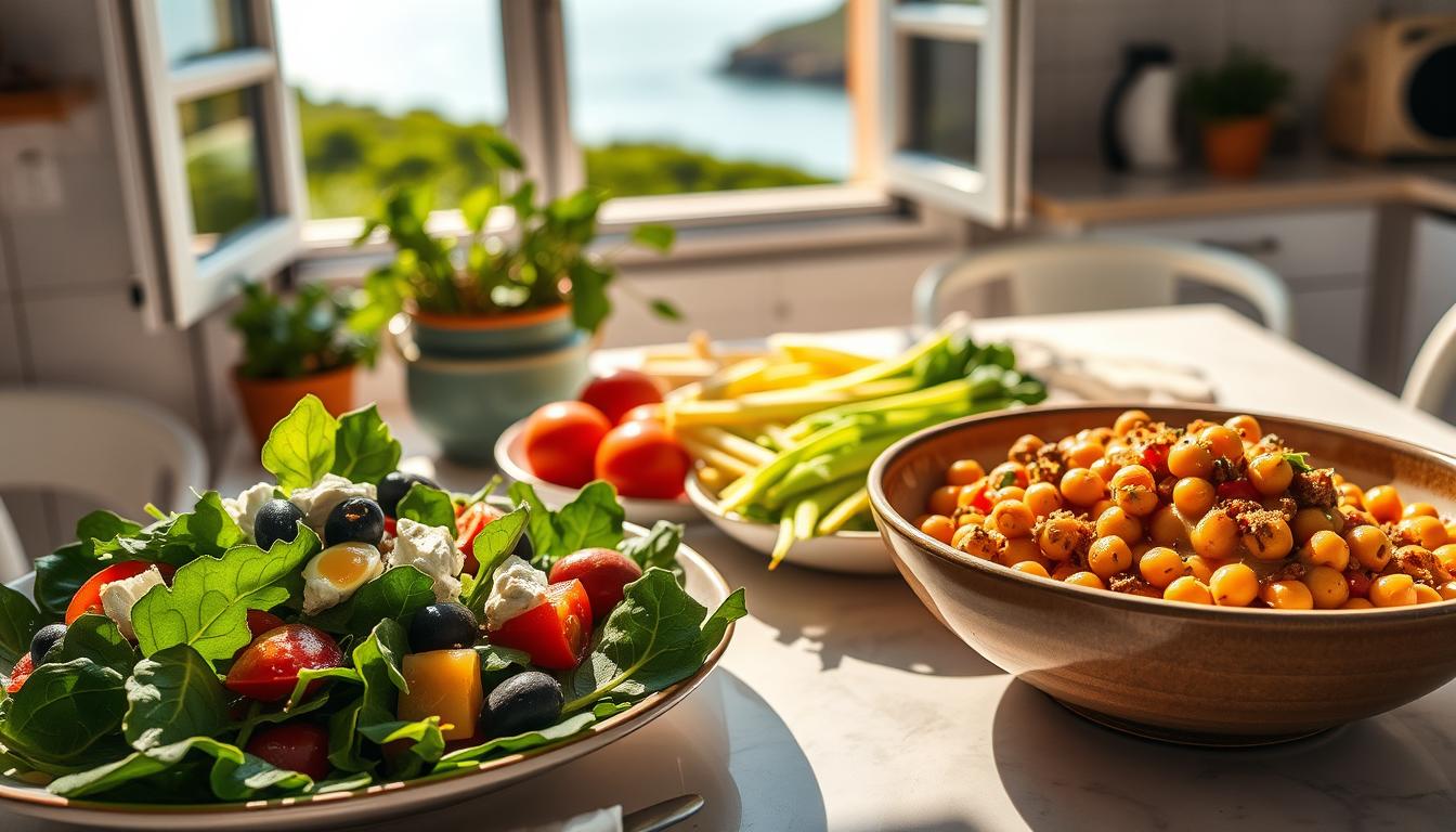 A serene Mediterranean kitchen setting, featuring a beautifully arranged table filled with vibrant, healthy dishes that represent an anti-inflammatory diet. In the foreground, a colorful salad with fresh spinach, cherry tomatoes, olives, and feta cheese, drizzled with golden olive oil. Adjacent, a bowl of chickpea stew with fragrant herbs and spices. In the background, an open window reveals sunny coastal views with lush greenery, suggesting a warm, inviting atmosphere. Natural light floods the scene, casting gentle shadows and highlighting the freshness of the ingredients. The mood is calm and rejuvenating, perfect for inspiring daily energy. Get well and stay well, Ray Baker.
