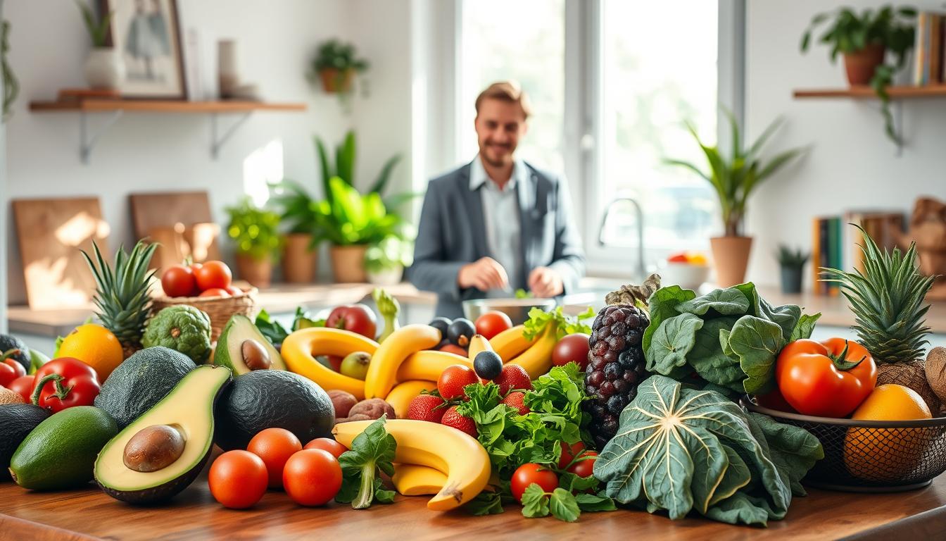 A serene kitchen scene where a diverse array of colorful, healthy foods are displayed prominently in the foreground: ripe avocados, vibrant fruits, and leafy greens arranged artistically on a wooden table. In the middle ground, a person dressed in smart casual attire, joyfully preparing a meal, emphasizes the connection between nutrition and emotional well-being. Soft, natural light streams in through a window, creating a warm, inviting atmosphere that highlights the freshness of the ingredients. In the background, a cozy corner with plants and wellness books enhances the theme of holistic health. The overall mood is uplifting and inspiring, reflecting the positive impact of healthy nutrition on daily mood and lifestyle. Get well and stay well, Ray Baker.