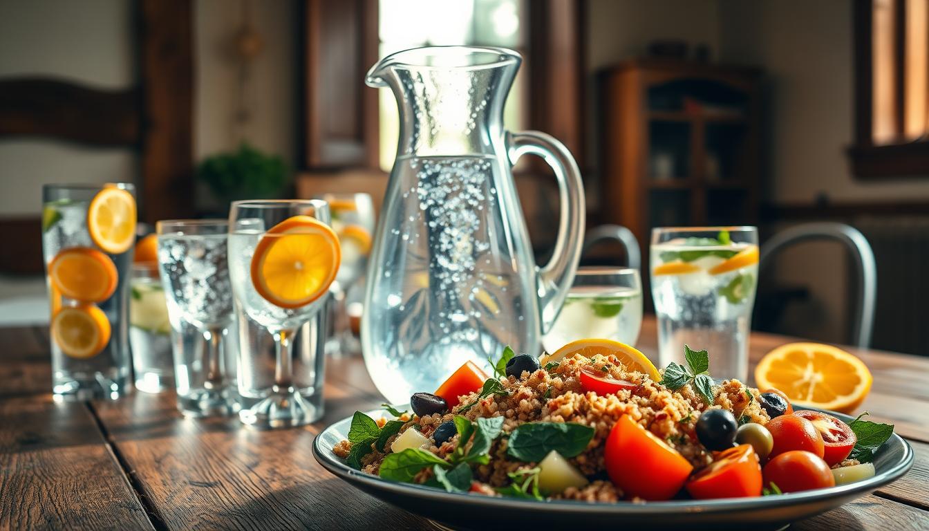 A serene table setting featuring a rustic wooden table adorned with a large glass pitcher filled with crystal-clear water, droplets glistening on its surface. Surrounding the pitcher are elegant glassware filled with fresh, infused water with vibrant slices of citrus fruits and herbs, symbolizing hydration and vitality. In the foreground, a healthy plate of colorful Mediterranean dishes, such as a quinoa salad with cherry tomatoes, cucumbers, and olives, emphasizes the nutrition aspect. The background features a sunlit window, casting soft, warm light across the scene, creating an inviting atmosphere. The angle is slightly elevated, showcasing both the hydrating beverages and the appetizing food, illustrating the harmonious relationship between water and appetite control. Get well and stay well, Ray Baker.