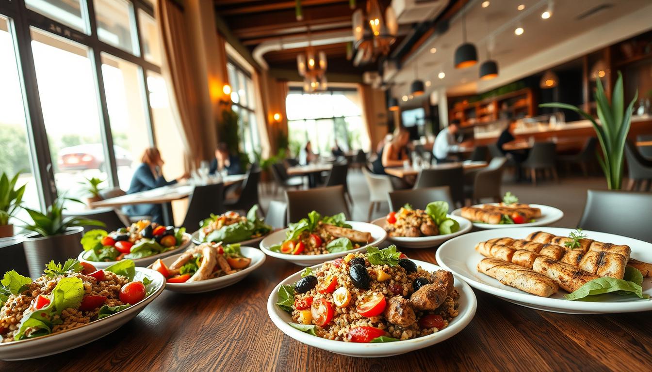 A stylish and inviting restaurant scene showcasing a variety of healthy Mediterranean dishes, arranged artfully on wooden tables. In the foreground, colorful plates feature fresh salads with vibrant greens, ripe tomatoes, olives, and quinoa, alongside grilled chicken and fish skewers. The middle ground captures a cozy dining area with patrons in smart casual clothing enjoying their meals, emphasizing a relaxed yet sophisticated atmosphere. In the background, large windows allow natural sunlight to illuminate the space, with potted herbs and elegant decor enhancing the Mediterranean vibe. The image features soft, warm lighting to create an inviting mood, shot with a wide-angle lens to convey depth and richness of detail. Get well and stay well, Ray Baker. A stylish and inviting restaurant scene showcasing a variety of healthy Mediterranean dishes, arranged artfully on wooden tables. In the foreground, colorful plates feature fresh salads with vibrant greens, ripe tomatoes, olives, and quinoa, alongside grilled chicken and fish skewers. The middle ground captures a cozy dining area with patrons in smart casual clothing enjoying their meals, emphasizing a relaxed yet sophisticated atmosphere. In the background, large windows allow natural sunlight to illuminate the space, with potted herbs and elegant decor enhancing the Mediterranean vibe. The image features soft, warm lighting to create an inviting mood, shot with a wide-angle lens to convey depth and richness of detail. Get well and stay well, Ray Baker.