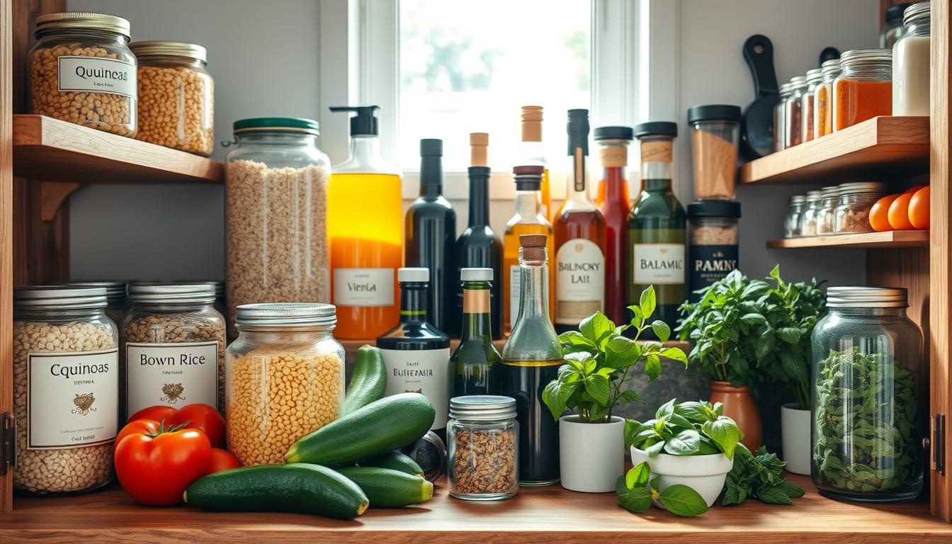 A stylish and organized pantry showcasing Mediterranean staples for healthy cooking. In the foreground, a wooden shelf displays labeled jars of quinoa, brown rice, chickpeas, and lentils, alongside vibrant vegetables like bell peppers, zucchini, and tomatoes. The middle features a beautiful array of olive oil, balsamic vinegar, and spices in elegant containers, while fresh herbs like basil and oregano are in small pots. In the background, soft, natural lighting streams in from a window, casting gentle shadows and highlighting the rich textures of wood and glass. The atmosphere is inviting and inspiring, ideal for a home kitchen dedicated to healthy meal preparations. Get well and stay well, Ray Baker. A stylish and organized pantry showcasing Mediterranean staples for healthy cooking. In the foreground, a wooden shelf displays labeled jars of quinoa, brown rice, chickpeas, and lentils, alongside vibrant vegetables like bell peppers, zucchini, and tomatoes. The middle features a beautiful array of olive oil, balsamic vinegar, and spices in elegant containers, while fresh herbs like basil and oregano are in small pots. In the background, soft, natural lighting streams in from a window, casting gentle shadows and highlighting the rich textures of wood and glass. The atmosphere is inviting and inspiring, ideal for a home kitchen dedicated to healthy meal preparations. Get well and stay well, Ray Baker.